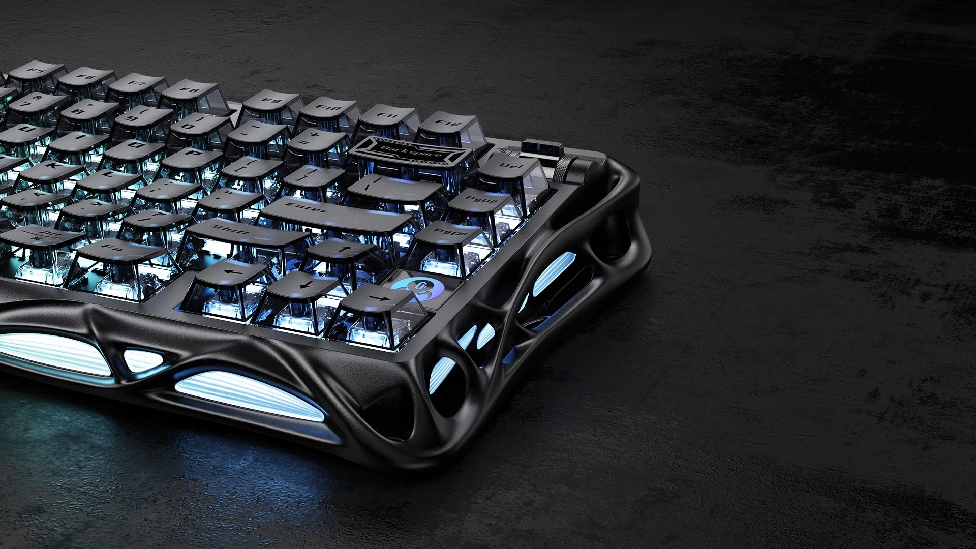 GravaStar Mercury V75 HE magnetic switch gaming keyboard Stealth Black semi-aluminum frame showcase featuring open-frame alloy construction, high-transparency PC keycaps, True 8kHz polling rate, 0.125ms low latency, and dual-zone dynamic RGB lighting.