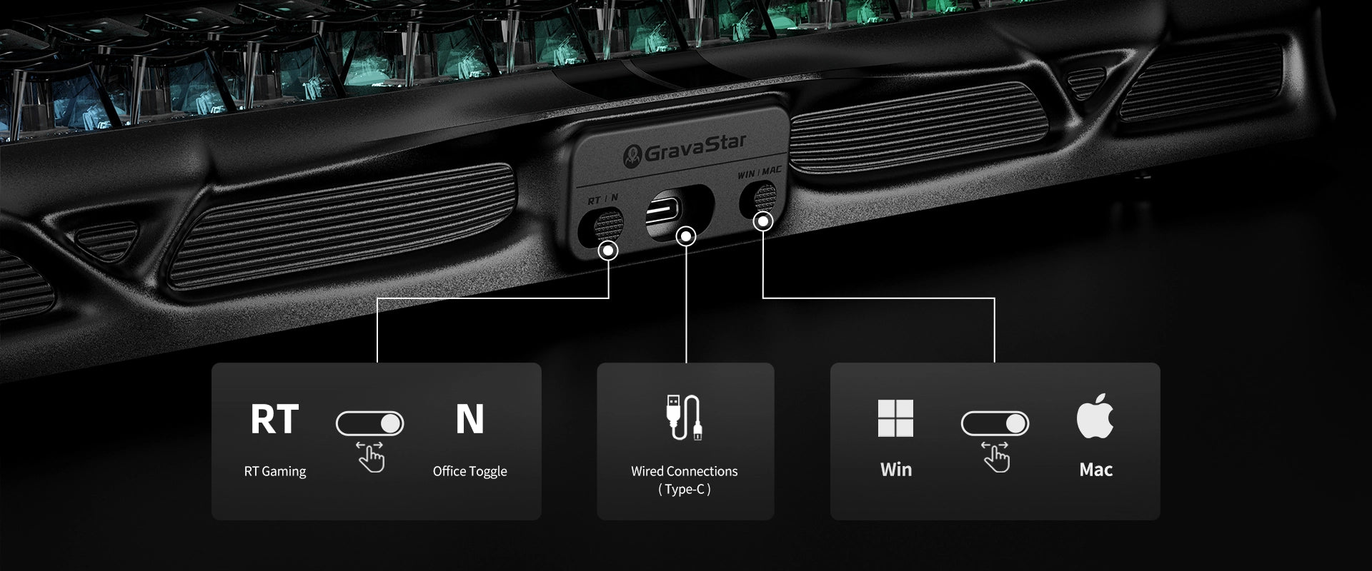 GravaStar Mercury V75 HE magnetic switch gaming keyboard Stealth Black top panel toggle switches guide displaying RT gaming and office mode toggle, Type-C wired connection for 8kHz polling rate, and Windows and Mac dual OS layout switch.