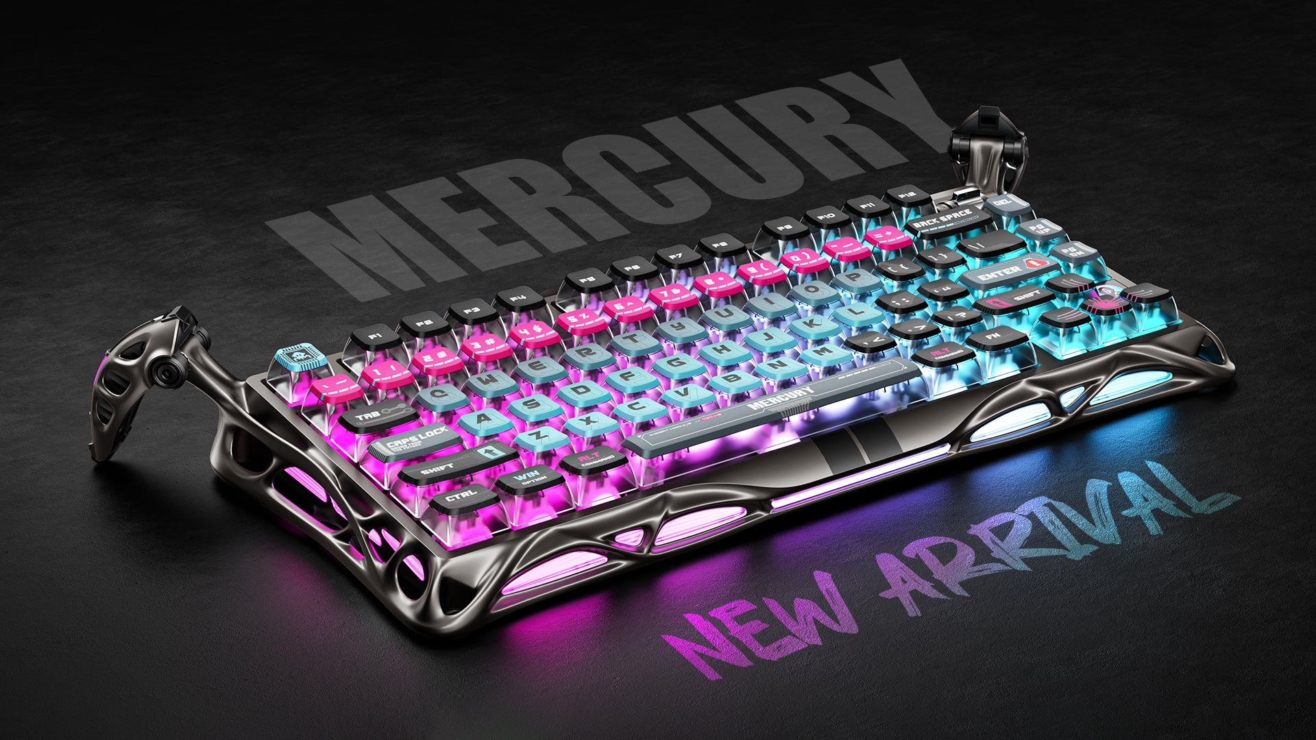 GravaStar Mercury V75 Pro Cyberpunk Edition magnetic gaming keyboard showcase displaying 75% compact layout, gunmetal semi-aluminum frame, pink and cyan translucent keycaps, GravaStar UFO Hall Effect switches, True 8kHz polling rate, 0.125ms low latency, and South-facing RGB backlighting.