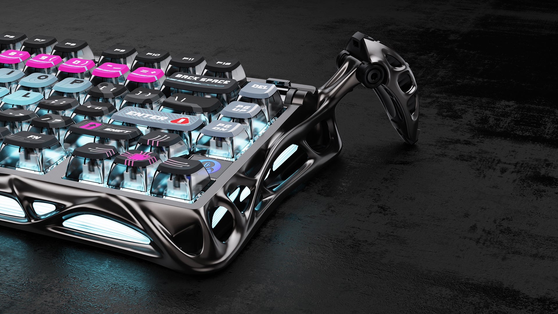 GravaStar Mercury V75 Pro Cyberpunk Edition magnetic gaming keyboard gunmetal semi-aluminum frame showcase featuring open-frame alloy construction, pink and cyan translucent keycaps, True 8kHz polling rate, 0.125ms low latency, and dual-zone dynamic RGB lighting.