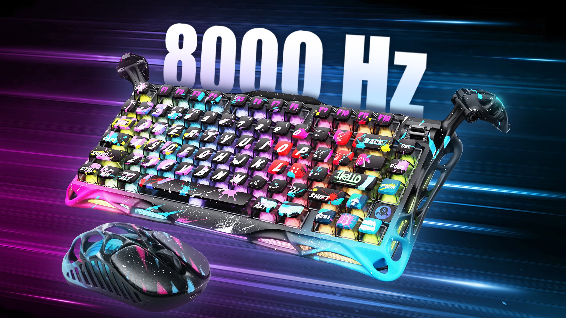 GravaStar Mercury V75 Pro Special Edition Neon Graffiti Hall Effect magnetic gaming keyboard displaying native 8000Hz polling rate and 0.125ms low latency, paired with GravaStar UFO magnetic switches, hand-painted street art aluminum frame, customizable RGB backlighting, and Mercury X Pro 8KHz magnesium alloy gaming mouse.