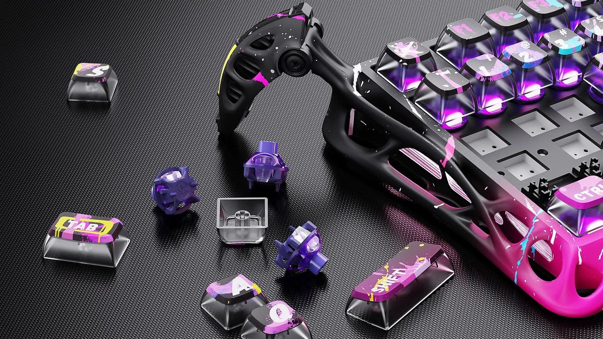 GravaStar Mercury V75 Pro Special Edition Neon Graffiti magnetic gaming keyboard hot-swappable PCB design featuring GravaStar UFO Hall Effect magnetic switches, custom street art keycaps, True 8kHz polling rate, 0.125ms low latency, and South-facing RGB backlighting.