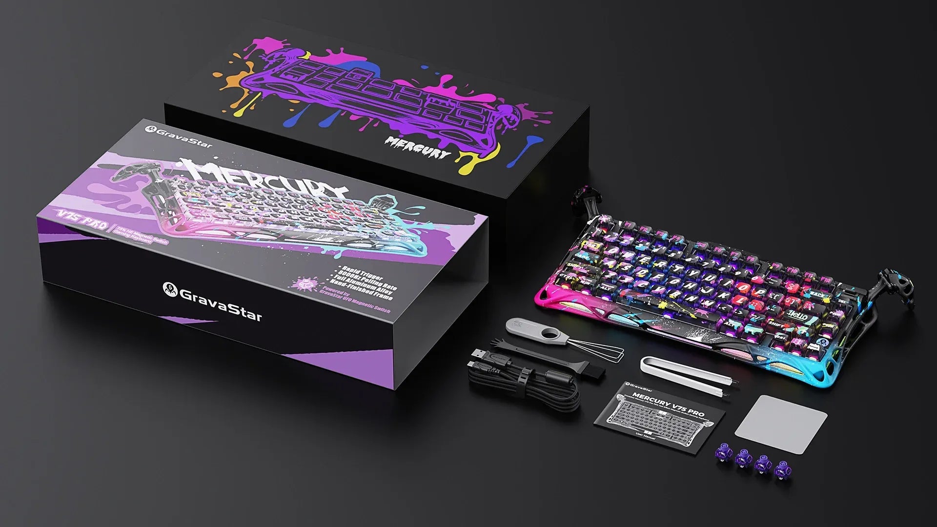 GravaStar Mercury V75 Pro Special Edition Neon Graffiti magnetic gaming keyboard unboxing layout showcasing dual-style packaging boxes, transparent dust cover, Type-C cable, keycap and switch puller, extra GravaStar UFO Hall Effect magnetic switches, cleaning cloth, and brush.
