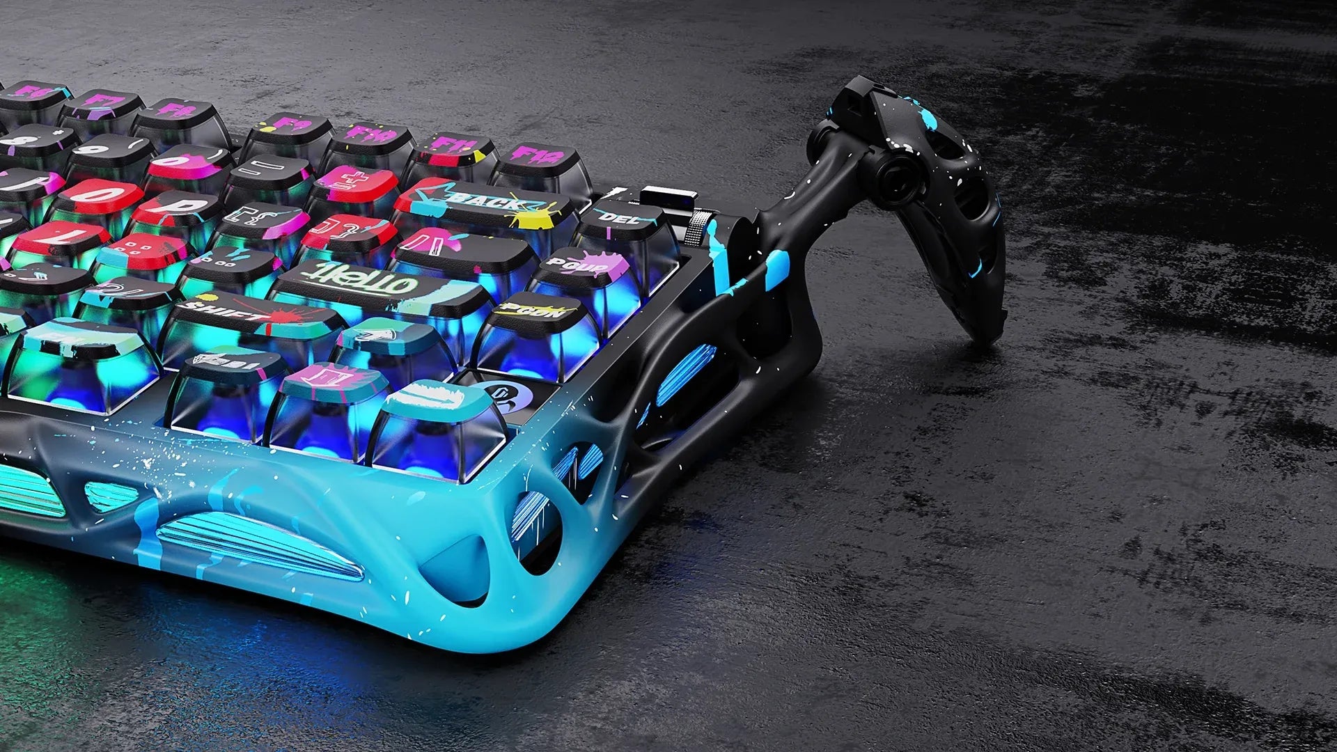 GravaStar Mercury V75 Pro Special Edition Neon Graffiti magnetic gaming keyboard neon graffiti semi-aluminum frame showcase featuring open-frame alloy construction, custom street art keycaps, True 8kHz polling rate, 0.125ms low latency, and dual-zone dynamic RGB lighting.