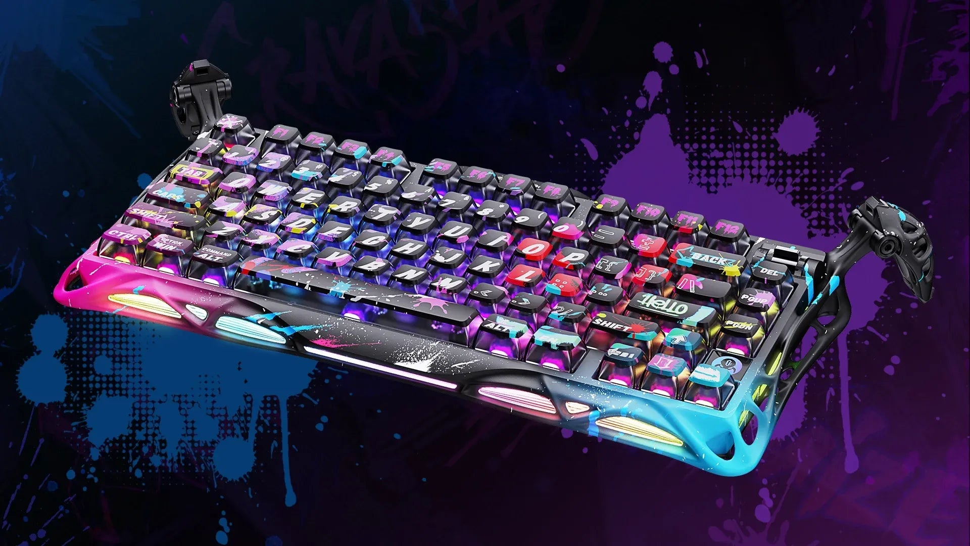 GravaStar Mercury V75 Pro Special Edition Neon Graffiti magnetic gaming keyboard showcase displaying 75% compact layout, neon graffiti semi-aluminum frame, custom street art keycaps, GravaStar UFO Hall Effect switches, True 8kHz polling rate, 0.125ms low latency, and South-facing RGB backlighting.