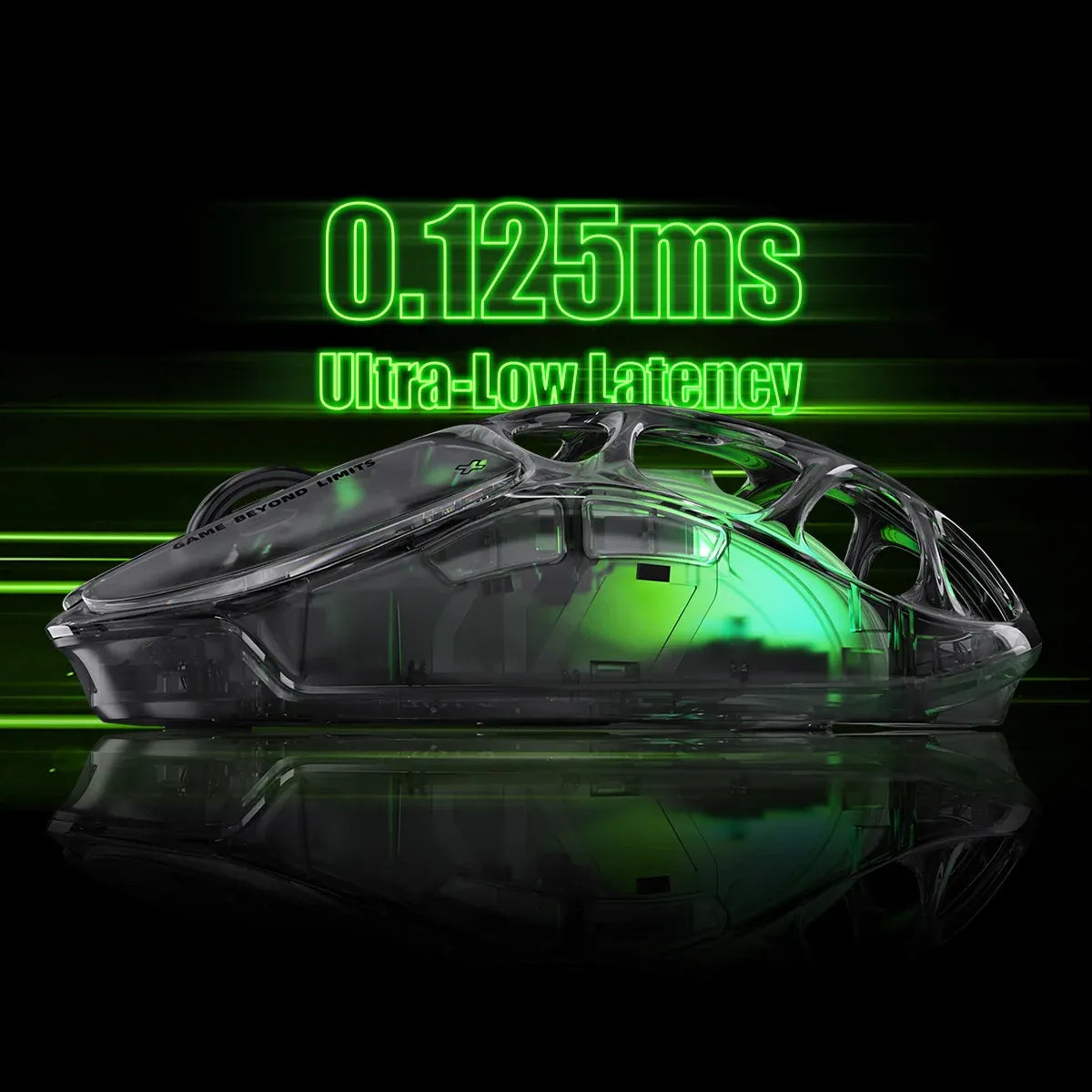 GravaStar Mercury X Air 8KHz Onyx Crystal wireless gaming mouse showcasing 0.125ms ultra-low latency, native 8000Hz polling rate, 56g ultralight open-frame skeletal structure, PixArt PAW 3950 32K DPI sensor, and GLOWSYNC RGB lighting.