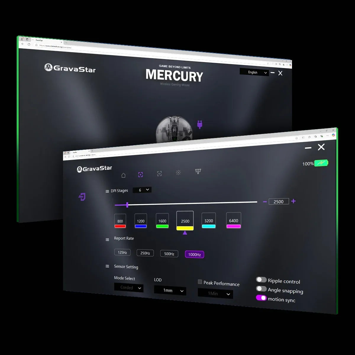 GravaStar Mercury X Air 8KHz Onyx Crystal wireless gaming mouse Control HUB WEB driver interface displaying browser-based customization for DPI stages, 8000Hz polling rate, sensor LOD settings, Motion Sync, and onboard memory profile storage.
