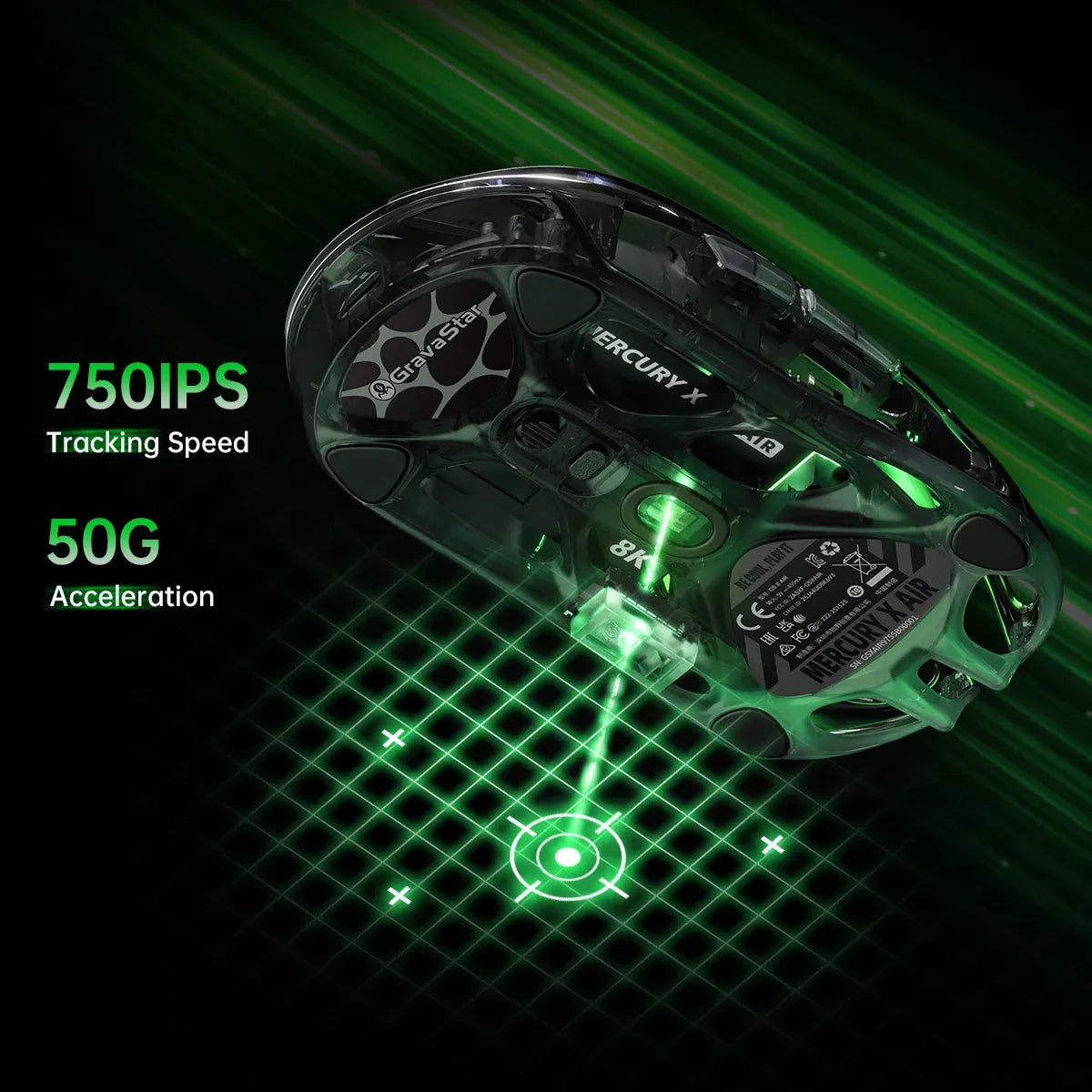 GravaStar Mercury X Air 8KHz Onyx Crystal wireless gaming mouse bottom sensor showcase highlighting PixArt PAW 3950 optical sensor, 32K DPI sensitivity, 750 IPS tracking speed, 50G acceleration, native 8000Hz polling rate, 0.125ms low latency, and 56g ultralight open-frame body.