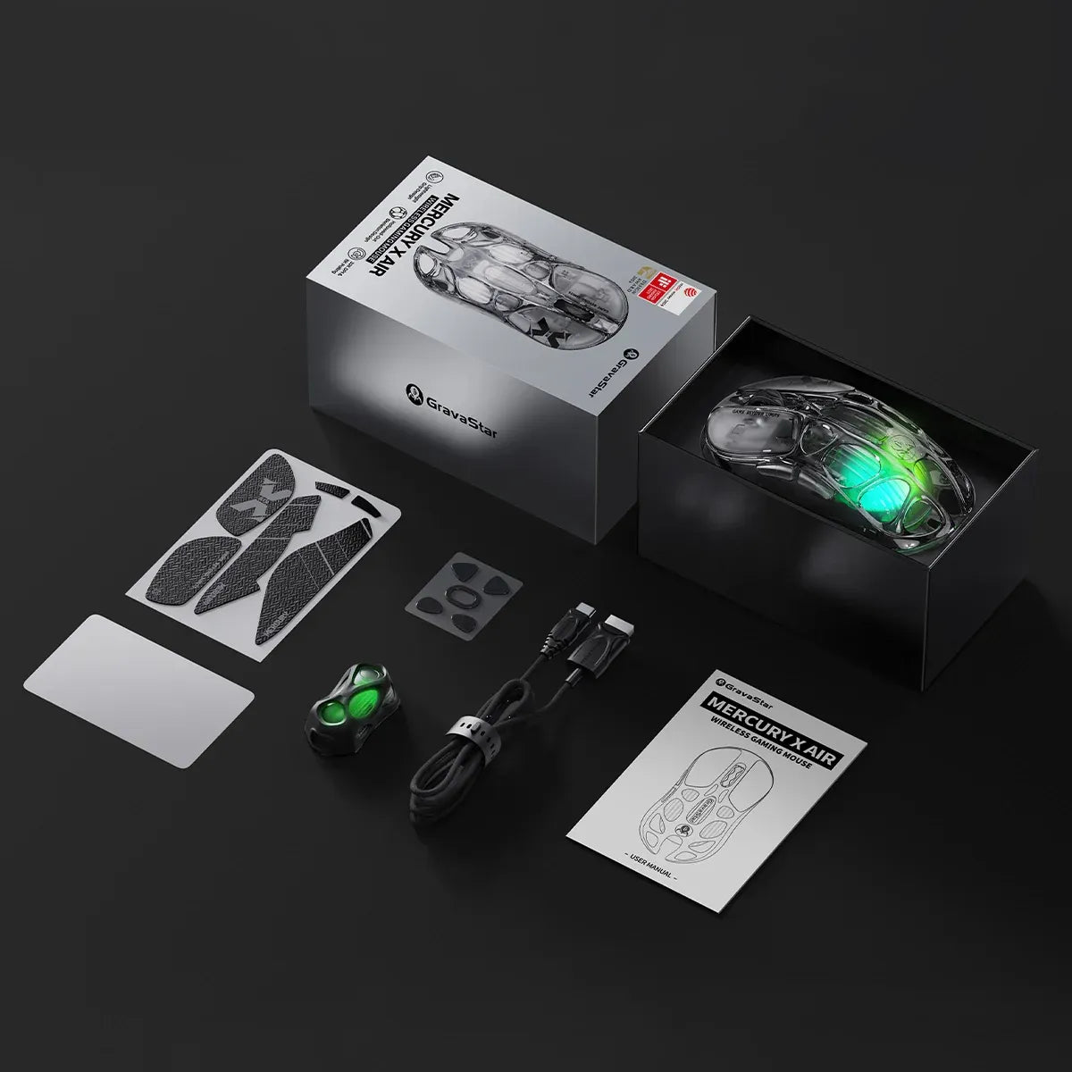 GravaStar Mercury X Air 8KHz Onyx Crystal wireless gaming mouse unboxing layout showcasing tactical packaging box, 8K wireless dongle, Type-C charging cable, non-slip pads, extra Teflon feet pads, user manual, and cleaning cloth.