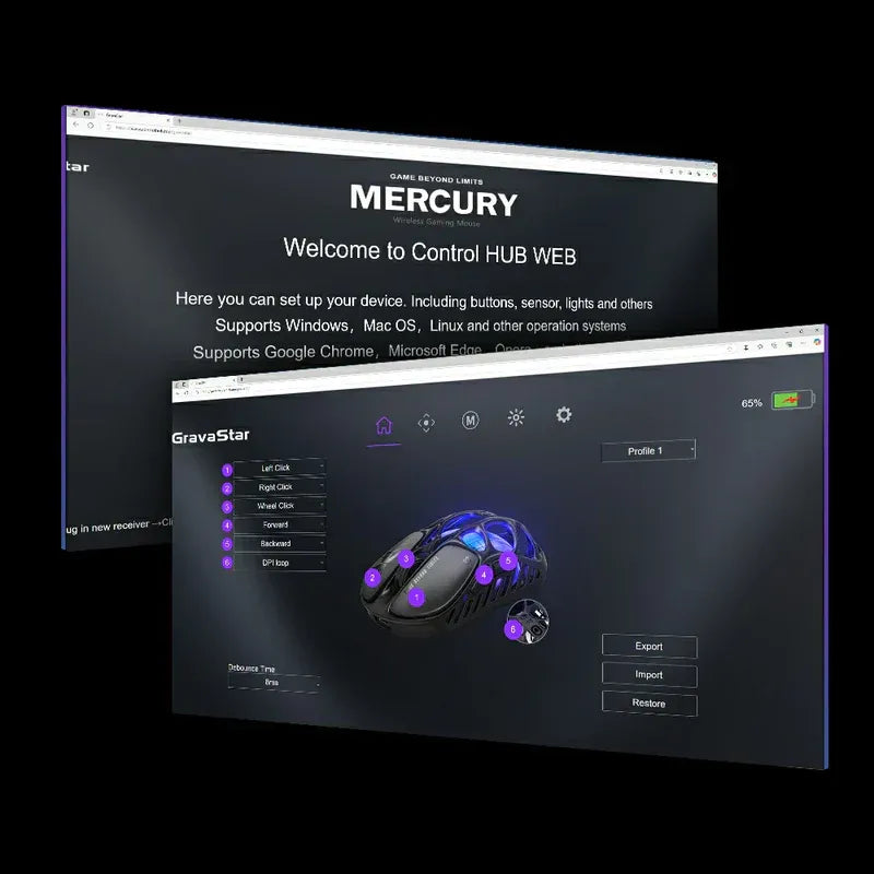 GravaStar Mercury X Pro 8KHz wireless gaming mouse Control HUB WEB driver software interface displaying web-based customization for 5 programmable buttons, macro profile configuration, sensor parameters, and customizable RGB lighting settings across Windows and Mac OS.