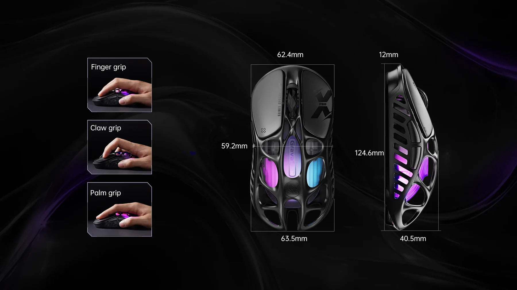GravaStar Mercury X Pro 8KHz wireless gaming mouse ergonomic dimensions diagram highlighting 124.6mm length, 63.5mm width, 40.5mm height, 49g ultralight magnesium alloy open-frame skeleton body, and compatibility with finger grip, claw grip, and palm grip styles.