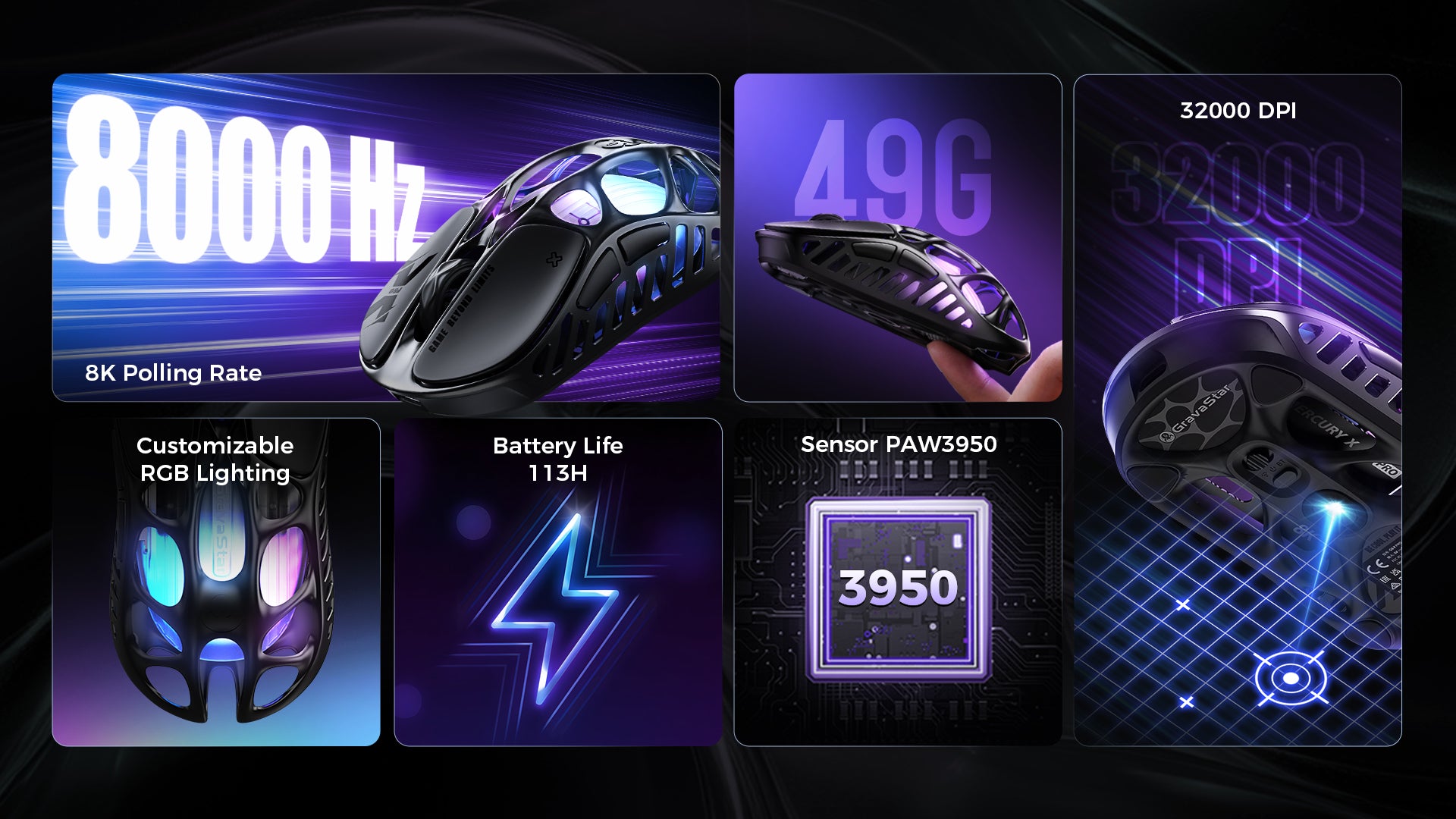 GravaStar Mercury X Pro 8KHz wireless gaming mouse key features diagram highlighting native 8000Hz polling rate, 49g ultralight magnesium alloy hollow skeleton body, PixArt PAW 3950 32K DPI sensor, 113 hours long battery life, and customizable GlowSync RGB backlighting.