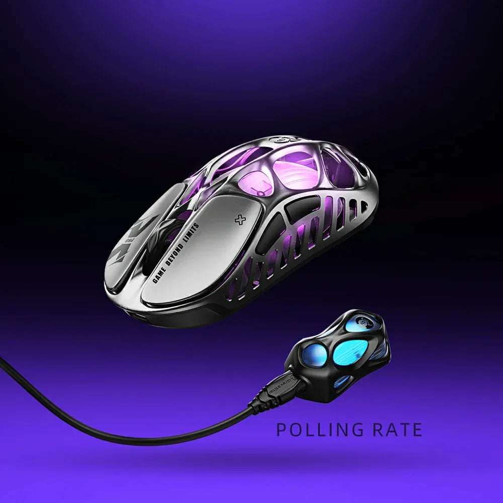 GravaStar Mercury X Pro Galaxy Black 8KHz wireless gaming mouse featuring 49g magnesium alloy skeleton chassis, PAW 3950 32K DPI sensor, GLOWSYNC RGB lighting, and native 8000Hz polling rate performance with included 8K wireless dongle.