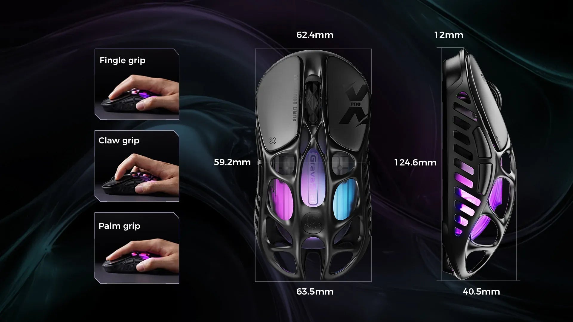 GravaStar Mercury X Pro Galaxy Black 8KHz wireless gaming mouse precision dimensions measurement diagram showing 124.6mm length, 63.5mm width, 40.5mm height, and 49g magnesium alloy frame alongside finger grip, claw grip, and palm grip ergonomic compatibility.