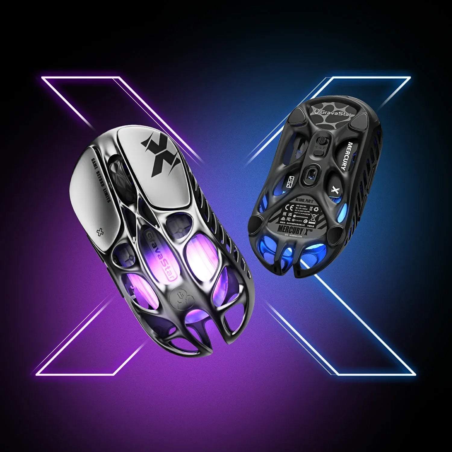 GravaStar Mercury X Pro Galaxy Black 8KHz wireless gaming mouse featuring 49g ultra-lightweight 0.8mm magnesium alloy skeleton chassis, PAW 3950 32K DPI optical sensor, Teflon feet, and GLOWSYNC RGB lighting.