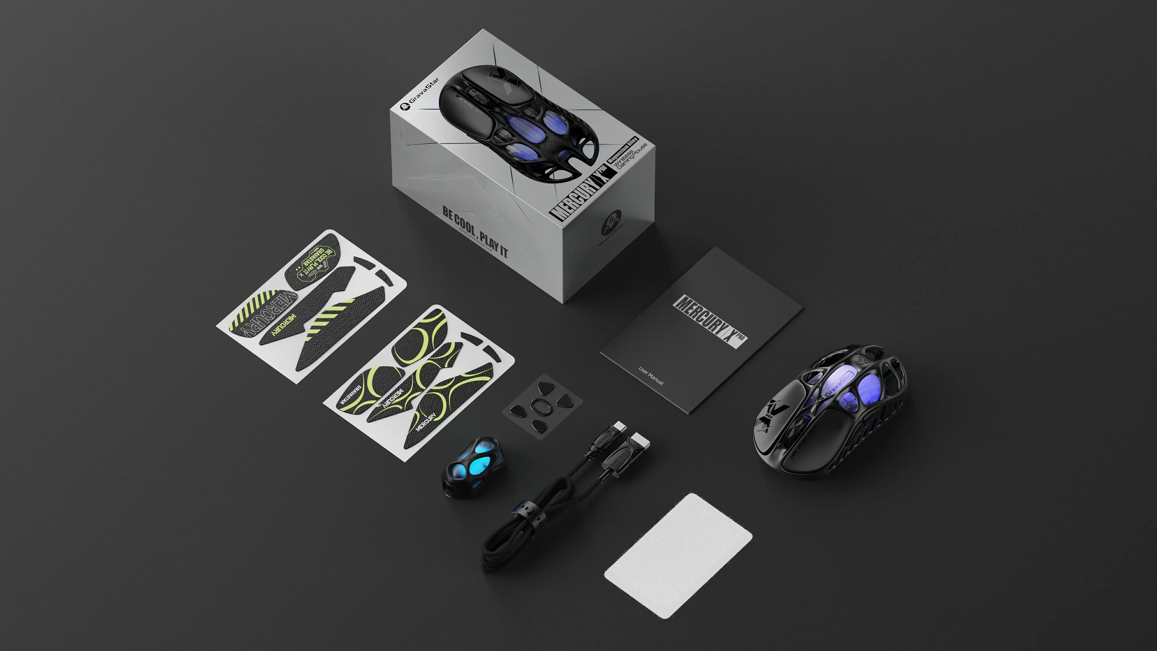 GravaStar Mercury X Pro Galaxy Black 8KHz wireless gaming mouse unboxing overview illustrating packaging box alongside full accessory set including 8K wireless dongle, Type-C charging cable, non-slip grip tape, Teflon feet pads, cleaning cloth, and user manual.