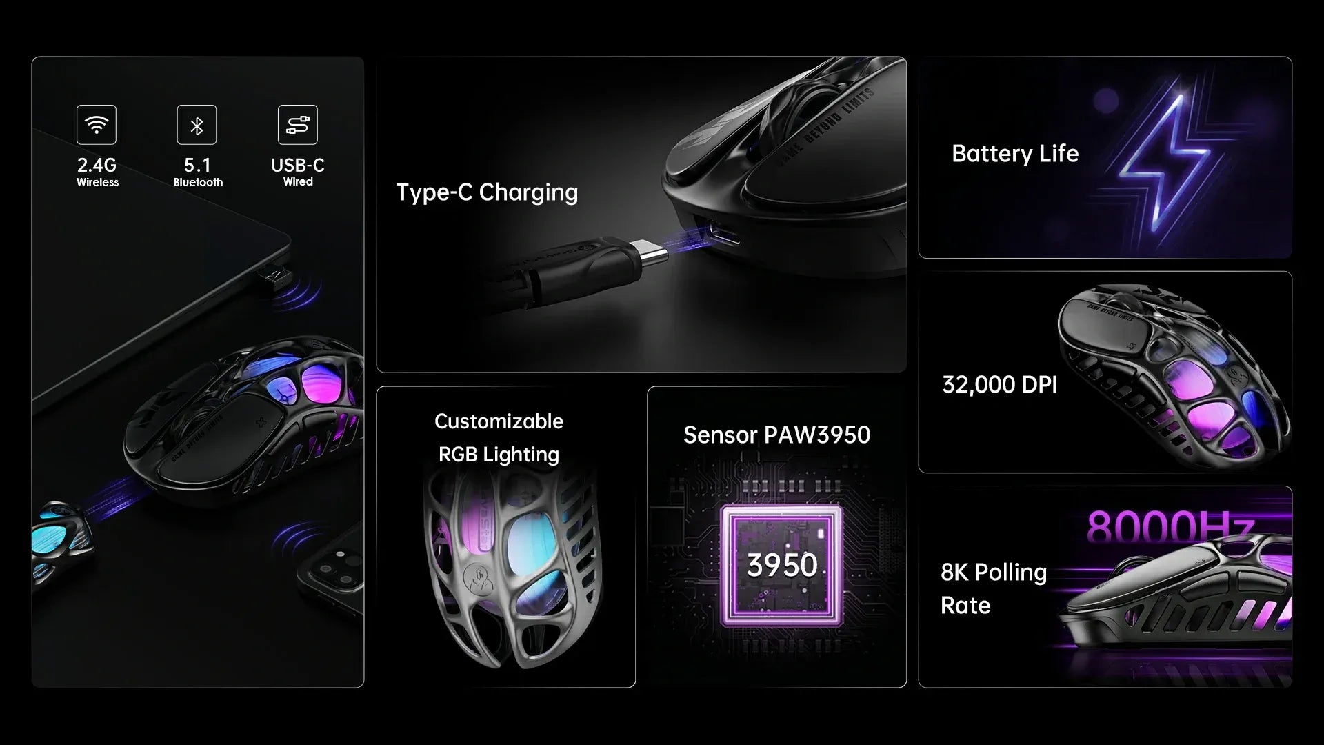 GravaStar Mercury X Pro Galaxy Black 8KHz wireless gaming mouse tech specs grid diagram illustrating tri-mode connectivity (2.4GHz wireless, Bluetooth 5.1, USB-C wired), Type-C fast charging, long battery life, GLOWSYNC RGB lighting, PAW 3950 32K DPI optical sensor, and native 8000Hz polling rate with 0.125ms latency.
