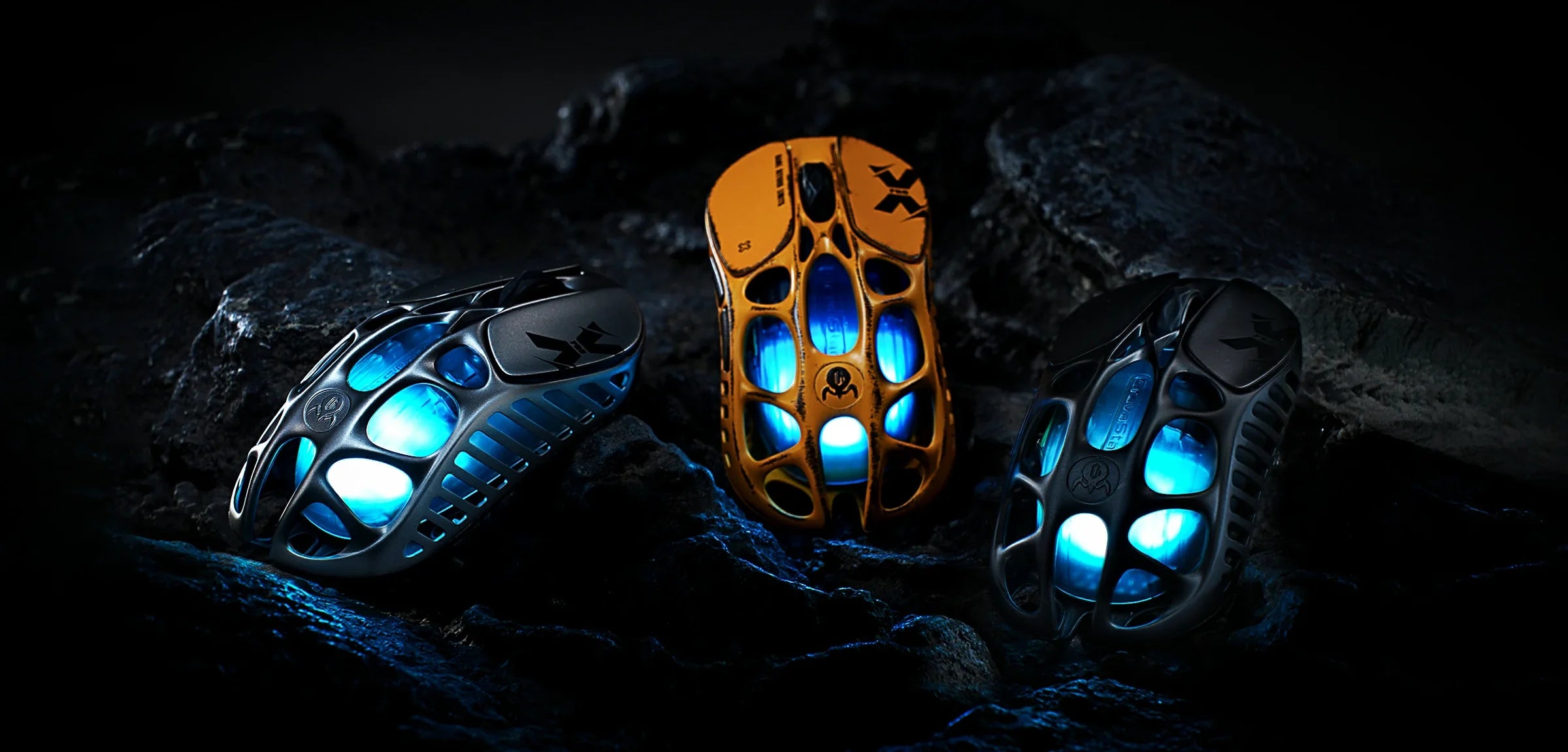 GravaStar Mercury X Pro 8KHz wireless gaming mouse all colorways lineup showing Galaxy Black, Interstellar Silver, and Battle Worn-Yellow editions featuring 49g ultra-lightweight magnesium alloy skeleton chassis, PAW 3950 32K DPI sensor, and RGB lighting.