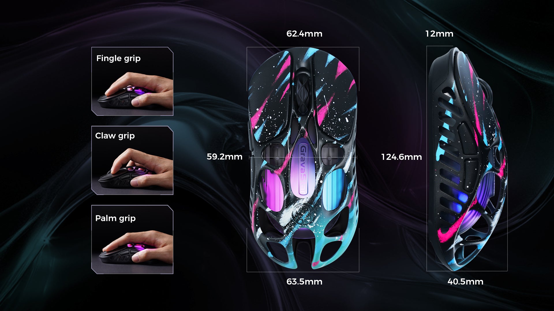 GravaStar Mercury X Pro Special Edition Neon Graffiti magnesium alloy wireless gaming mouse ergonomic dimensions diagram highlighting 124.6mm length, 63.5mm width, 40.5mm height, 49g ultralight open-frame skeleton body, and compatibility with finger grip, claw grip, and palm grip styles.