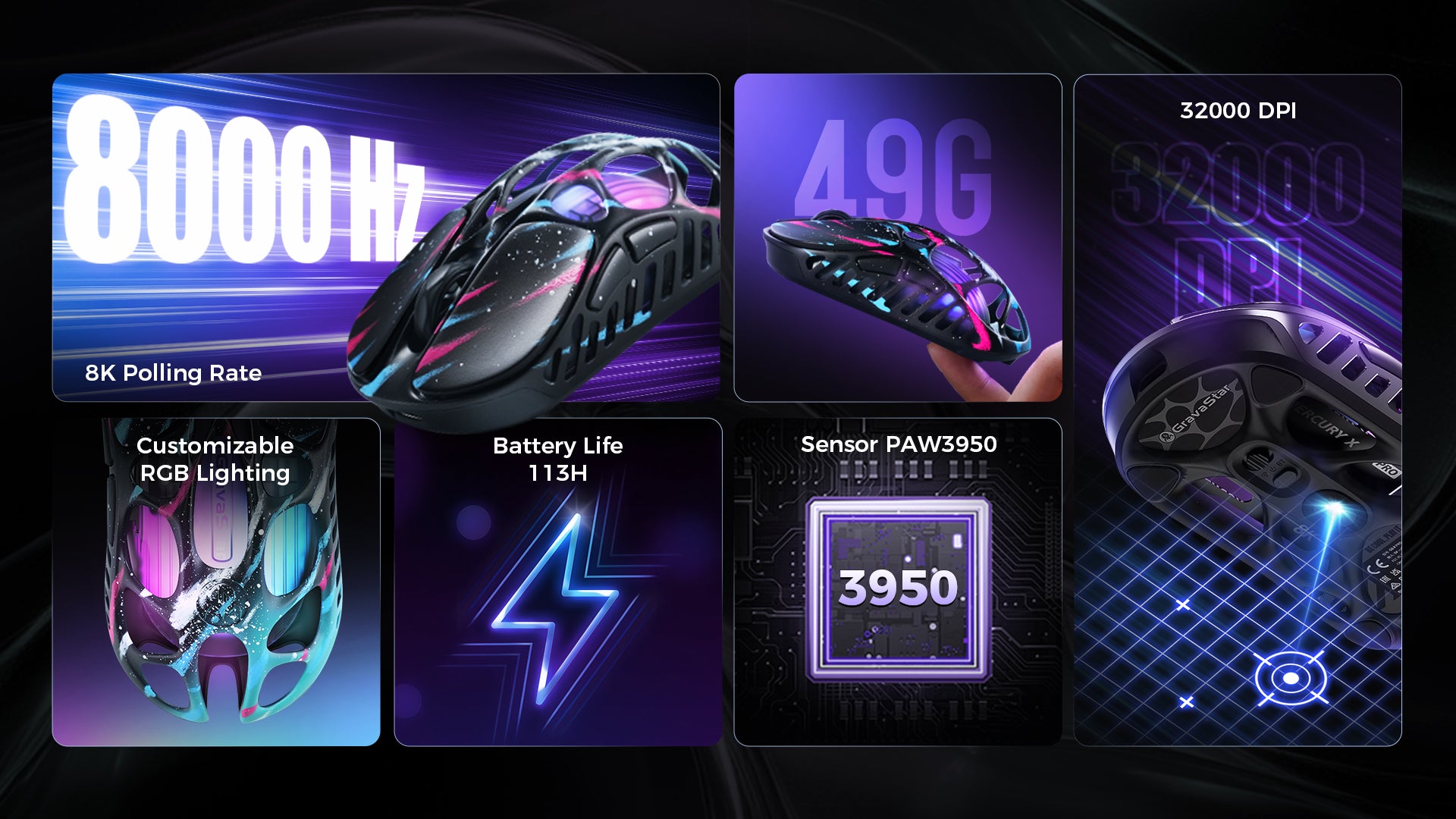 GravaStar Mercury X Pro Special Edition Neon Graffiti magnesium alloy wireless gaming mouse specifications grid highlighting 49g ultralight open-frame skeleton structure, PixArt PAW 3950 32K DPI sensor, native 8000Hz polling rate, 0.125ms low latency, customizable RGB lighting, and up to 113 hours battery life.