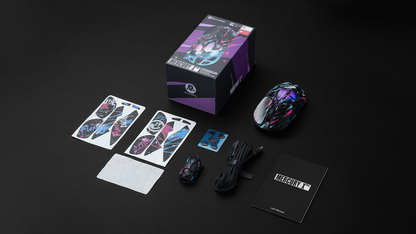 GravaStar Mercury X Pro Special Edition Neon Graffiti magnesium alloy wireless gaming mouse unboxing layout showcasing custom packaging box, 8K wireless dongle, Type-C charging cable, neon graffiti non-slip grip tape, extra Teflon feet pads, user manual, and cleaning cloth.