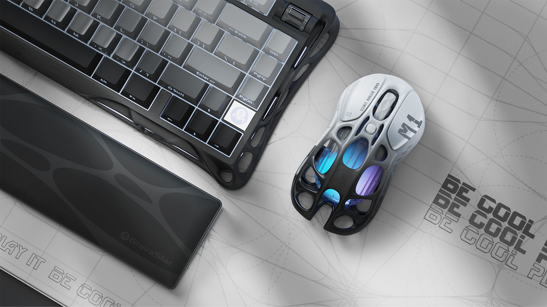 GravaStar Pro Gaming Set Gradient Black desk setup showcasing Mercury K1 mechanical keyboard, Mercury M1 Pro 4K magnesium alloy mouse with RGB lighting, and keyboard wrist rest pad.