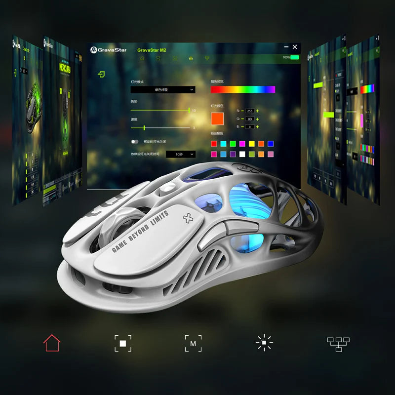 GravaStar Pro Gaming Set Gradient Black Mercury M1 Pro wireless gaming mouse high-angle view showcasing magnesium alloy skeletal frame, blue RGB backlighting, and GravaStar driver control software interface.
