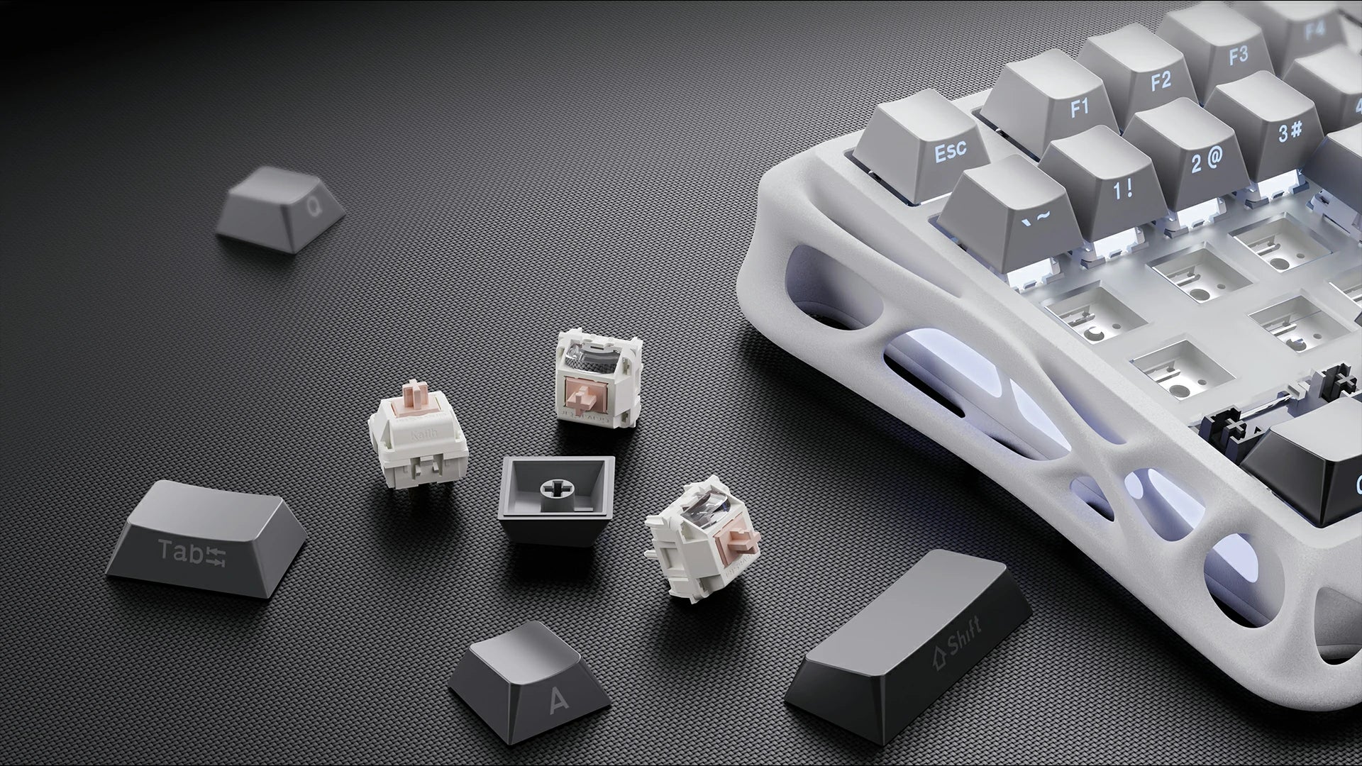 GravaStar Pro Gaming Set Gradient White Mercury K1 75% wireless mechanical gaming keyboard macro view featuring gradient white aluminum skeletal frame, hot-swappable Kailh linear switches, and gradient PBT keycaps.