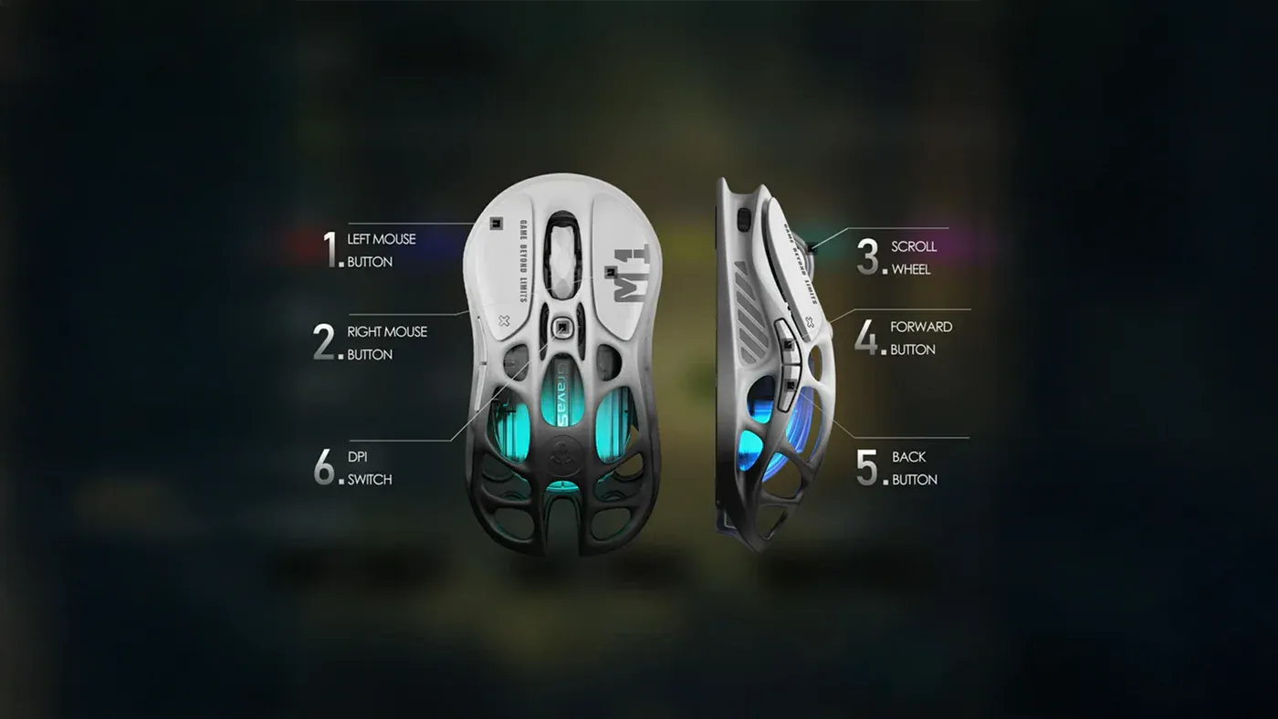 GravaStar Pro Gaming Set Gradient White Mercury M1 Pro wireless gaming mouse layout diagram highlighting 6 programmable buttons including left right click, scroll wheel, forward back side buttons, and DPI switch.