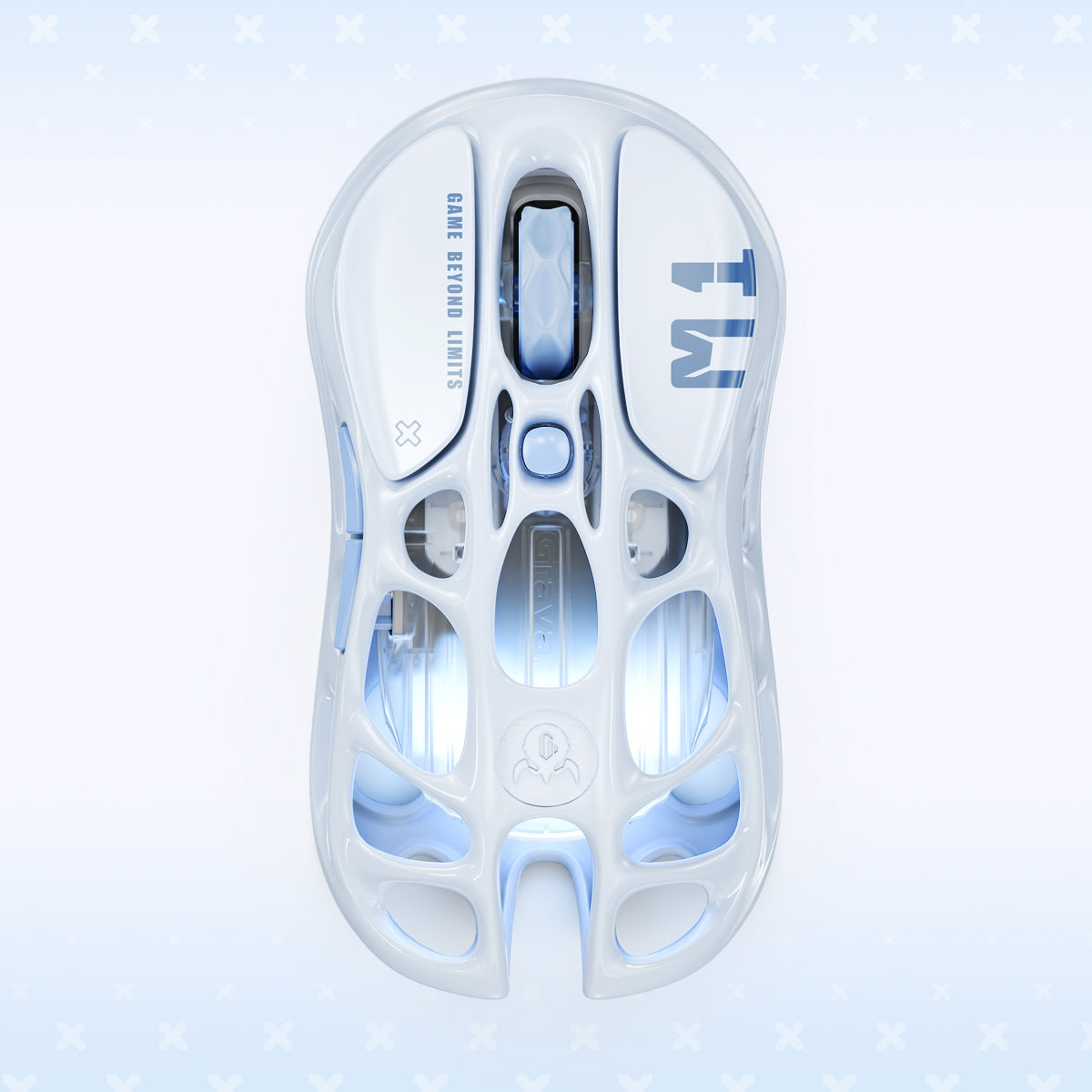 GravaStar Pro Gaming Set Ice Blue Mercury M1 Pro gaming mouse bottom chassis view showing PTFE feet, tri-mode connection switch, and optical sensor placement.