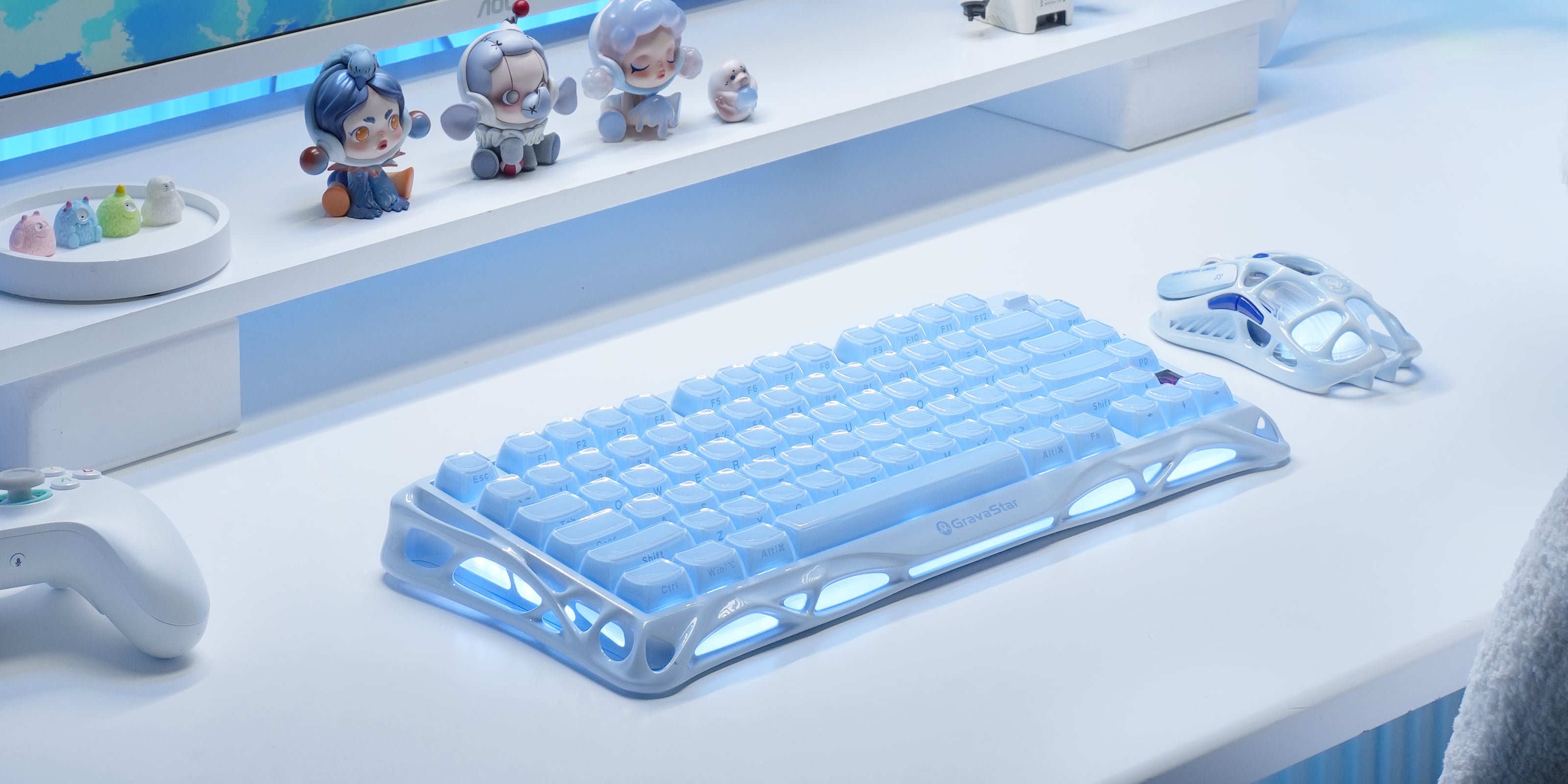 GravaStar Pro Gaming Set Ice Blue setup banner featuring Mercury K1 Special Edition 75% wireless mechanical keyboard with aluminum frame, Mercury M1 Pro magnesium alloy wireless gaming mouse, and futuristic desk setup accessories.