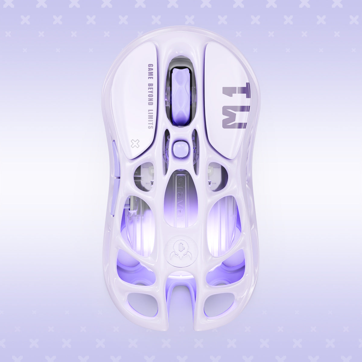 GravaStar Pro Gaming Set Lavender Purple Mercury M1 Pro wireless gaming mouse top-down view featuring 88g skeletal magnesium frame, PAW3395 sensor, and GlowSync RGB backlighting.
