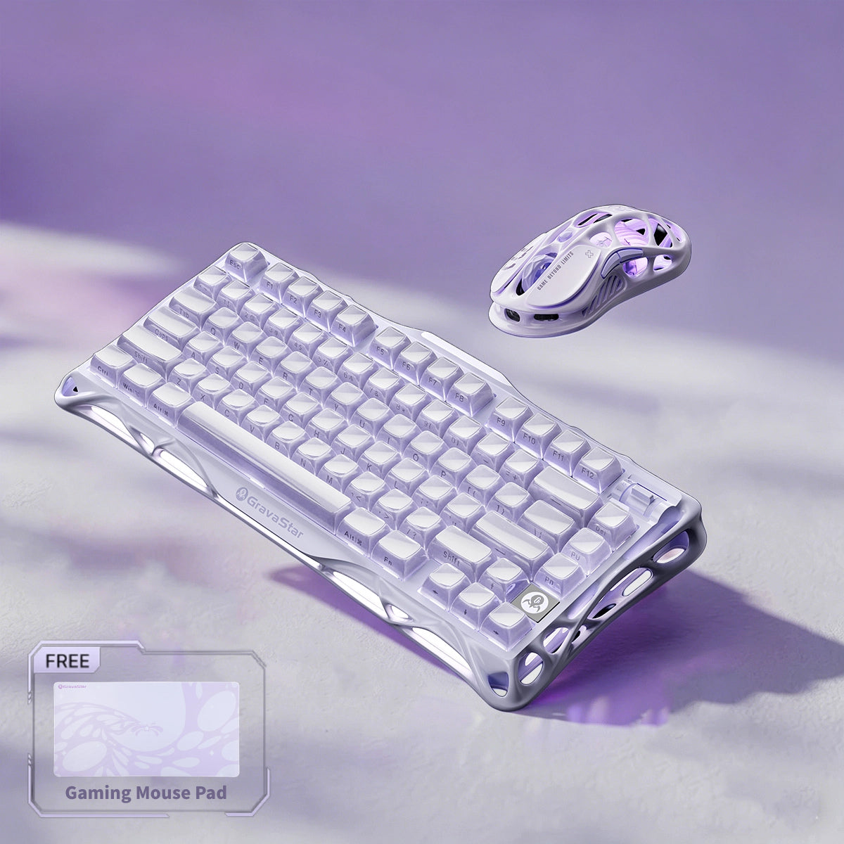 GravaStar Pro Gaming Set Lavender Purple studio bundle overview featuring Mercury K1 Special Edition 75% mechanical keyboard, Mercury M1 Pro 88g magnesium mouse, and FREE Gaming Mouse Pad tag, perfect paired with Supernova speaker.