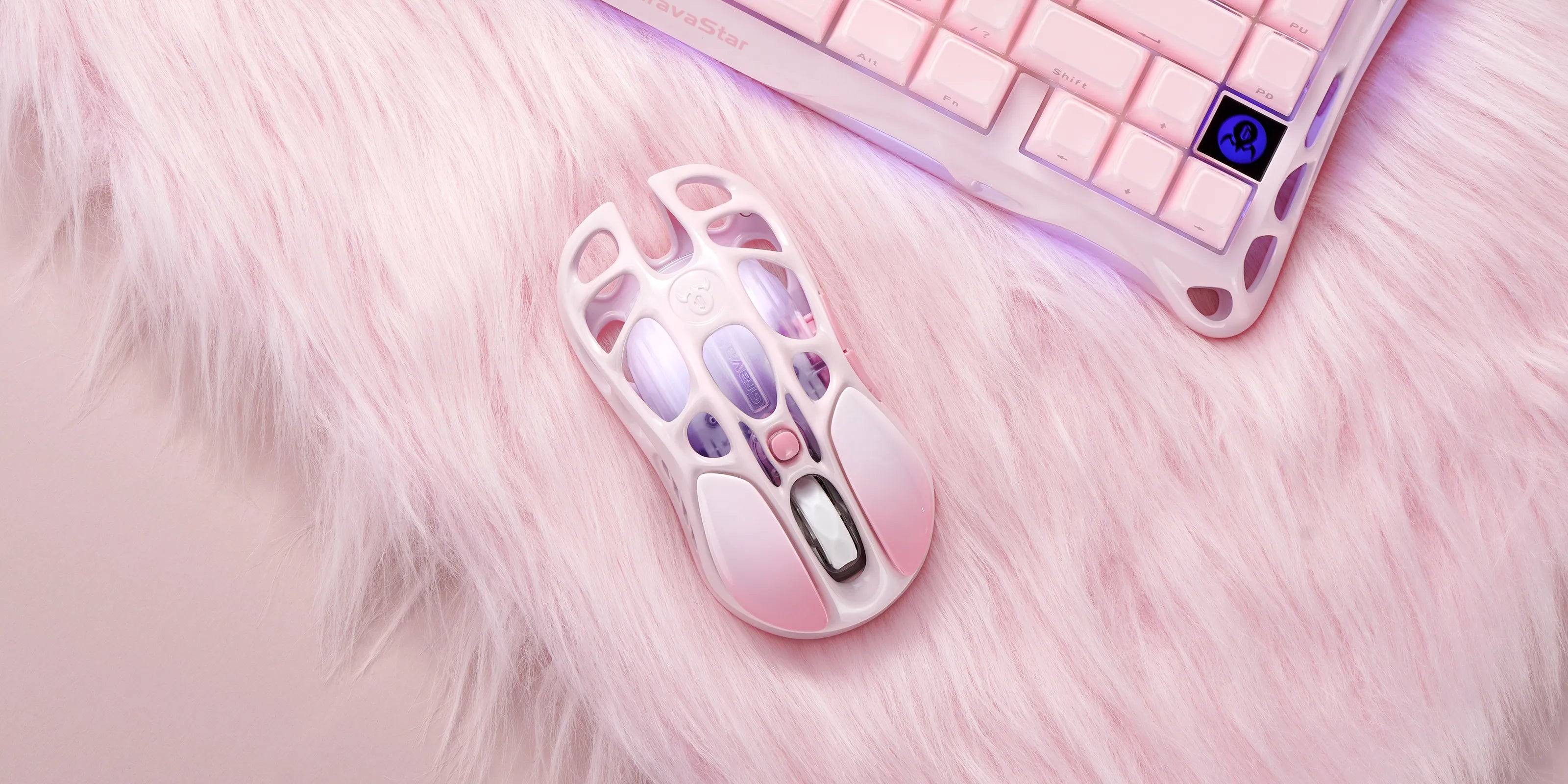 GravaStar Pro Gaming Set Sakura Pink desk setup banner featuring Mercury K1 Special Edition 75% wireless mechanical keyboard, Mercury M1 Pro magnesium alloy wireless mouse, Supernova Pink speaker, and Sakura Pink gaming mouse pad.