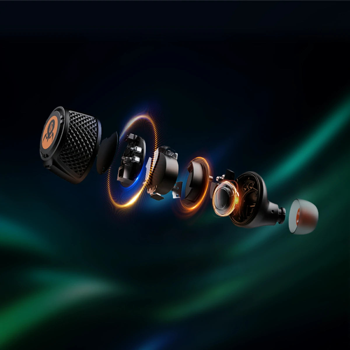 GravaStar Sirius Plus Black wireless ANC earbud component explosion diagram detailing 10mm composite diaphragm dynamic driver, acoustic nozzle, voice coil, and Bluetooth 5.3 circuit board architecture.