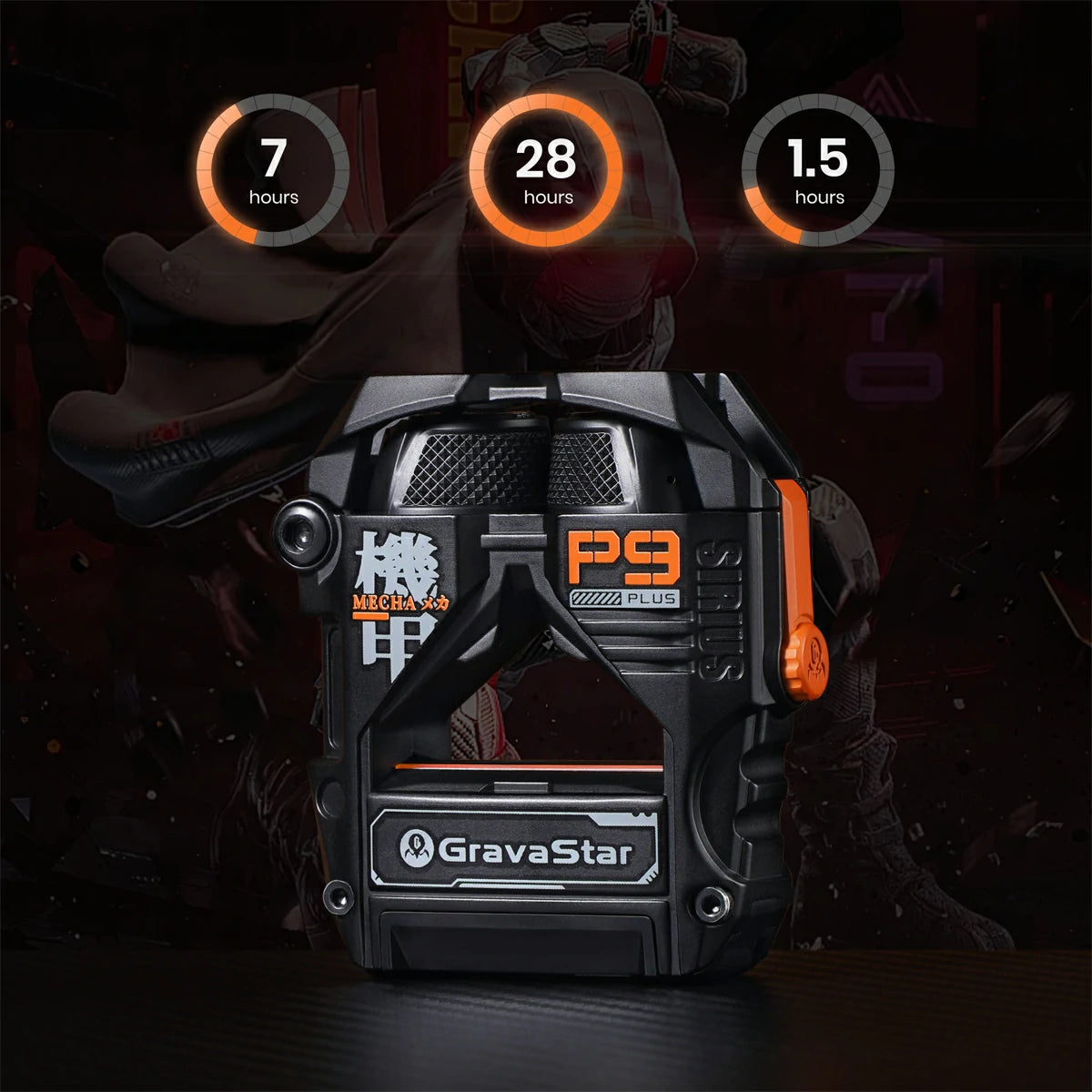 GravaStar Sirius Plus Black wireless ANC earbuds battery life diagram highlighting 7 hours continuous playtime, 28 hours total battery capacity with charging case, and 1.5 hour USB-C fast charging.