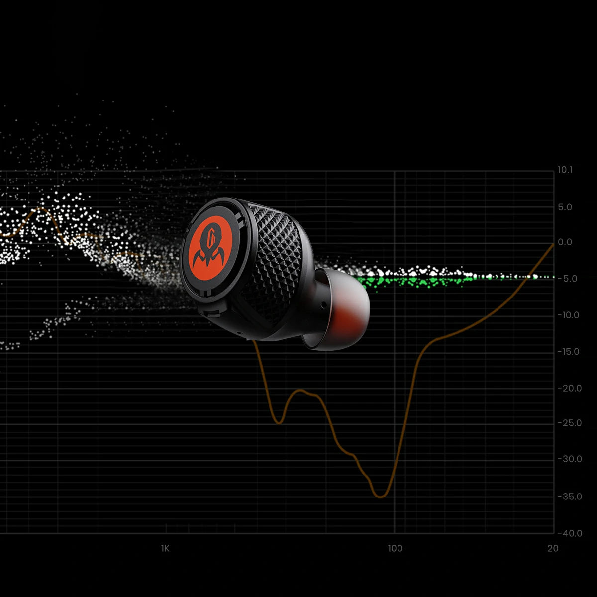 GravaStar Sirius Plus Black wireless ANC earbud diagram displaying frequency response curve and hybrid dual-feed active noise cancellation performance with 10mm dynamic drivers and -35dB noise reduction.