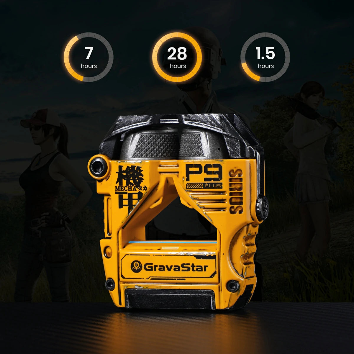 GravaStar Sirius Plus Special Edition War-Damaged Yellow wireless ANC earbuds battery life diagram highlighting 7 hours continuous playtime, 28 hours total battery capacity with charging case, and 1.5 hour USB-C fast charging.