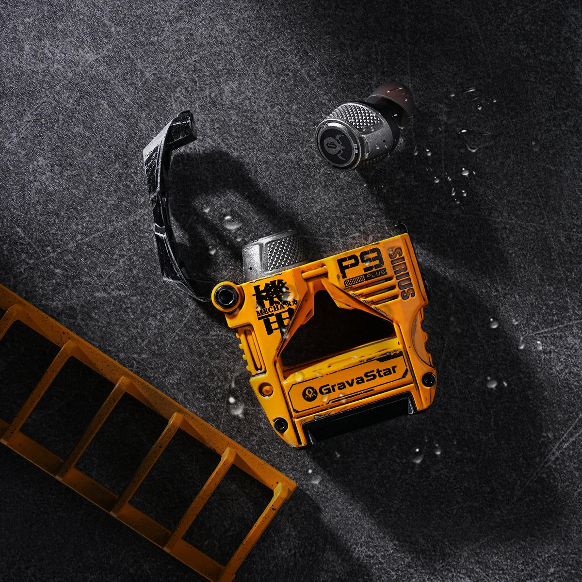GravaStar Sirius Plus Special Edition War-Damaged Yellow wireless ANC earbuds displaying durable zinc aluminium alloy mecha chassis with integrated bottle opener structure, handcrafted weathered yellow finish, and futuristic aesthetics.