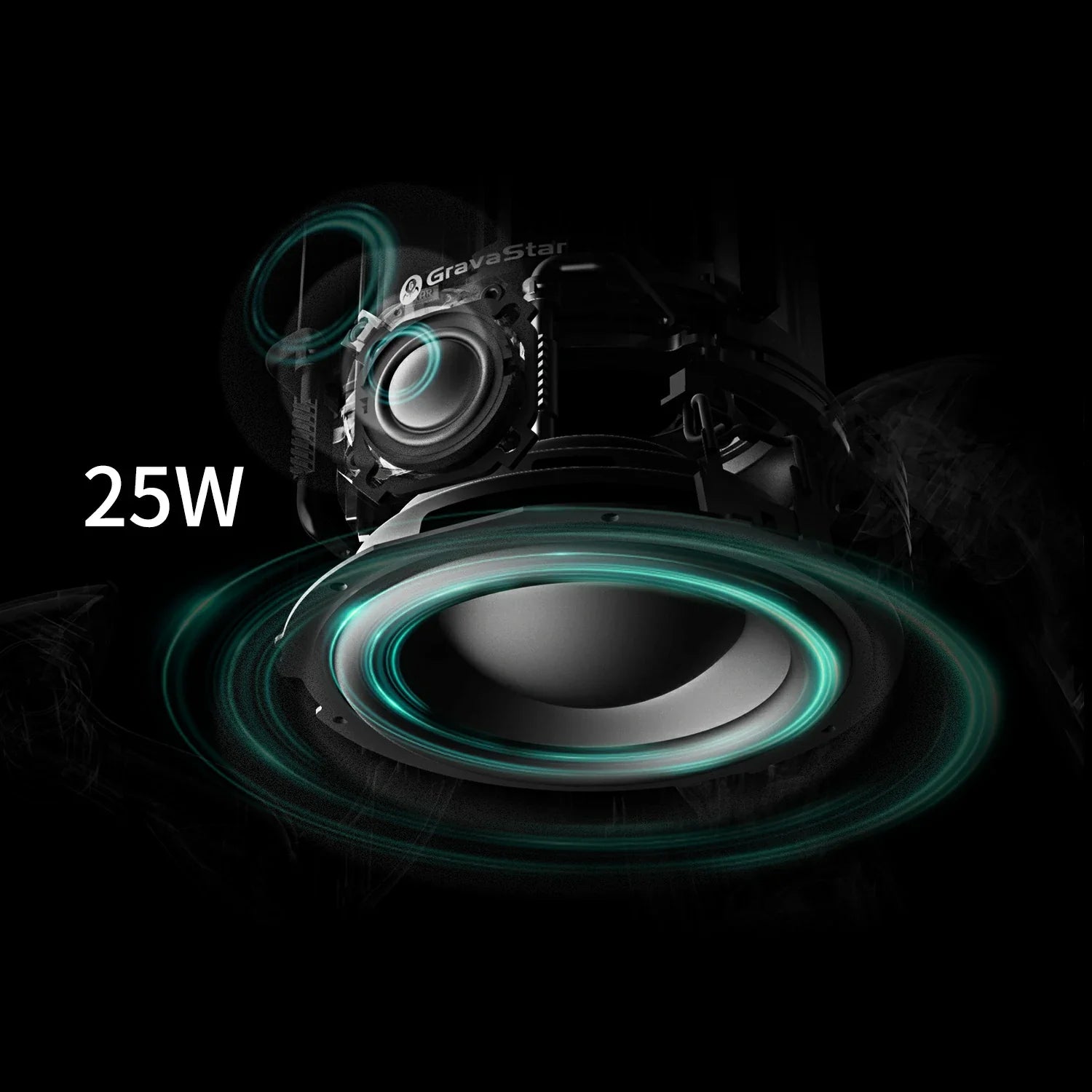 GravaStar Supernova Matt Black Bluetooth speaker acoustic explosion diagram featuring 25W sound system with 3-inch woofer, 0.5-inch precision tweeter, and dynamic acoustic wave projection.