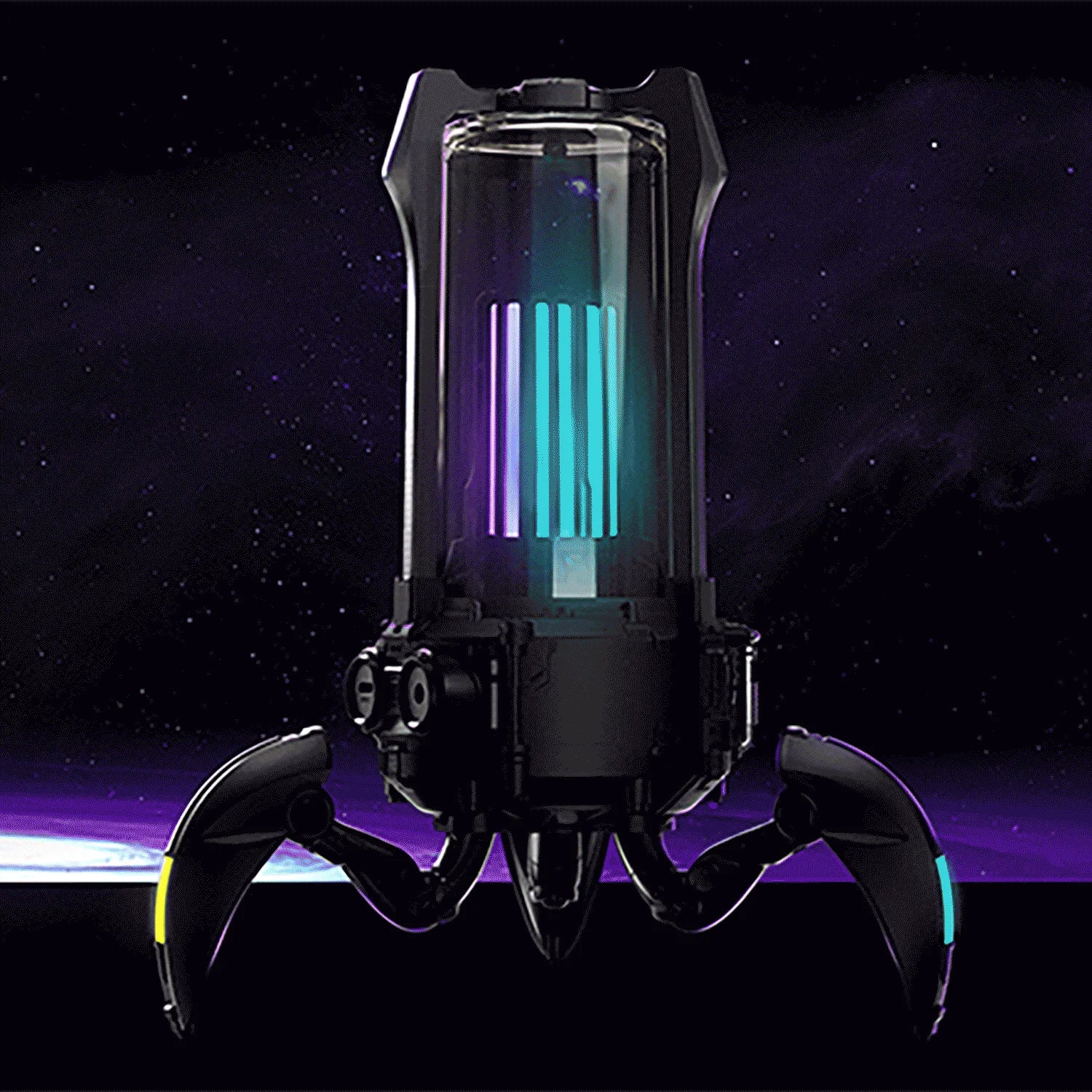 GravaStar Supernova Matt Black Bluetooth speaker displaying durable zinc aluminium alloy mecha chassis with integrated handle ring, transparent lantern core, and foldable tripod stand.