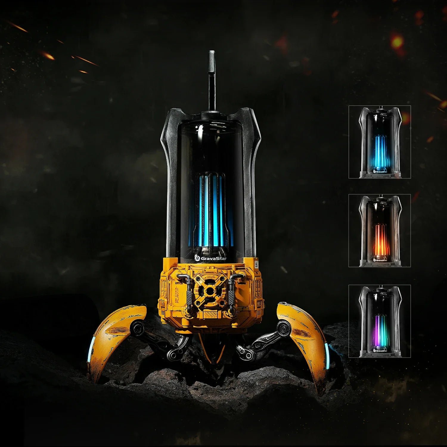 GravaStar Supernova War Damaged Yellow mecha lantern Bluetooth speaker displaying 3x8 LED lighting modes including 8 solid RGB colors, dynamic pulsing, and warm flickering camping firelight mode.