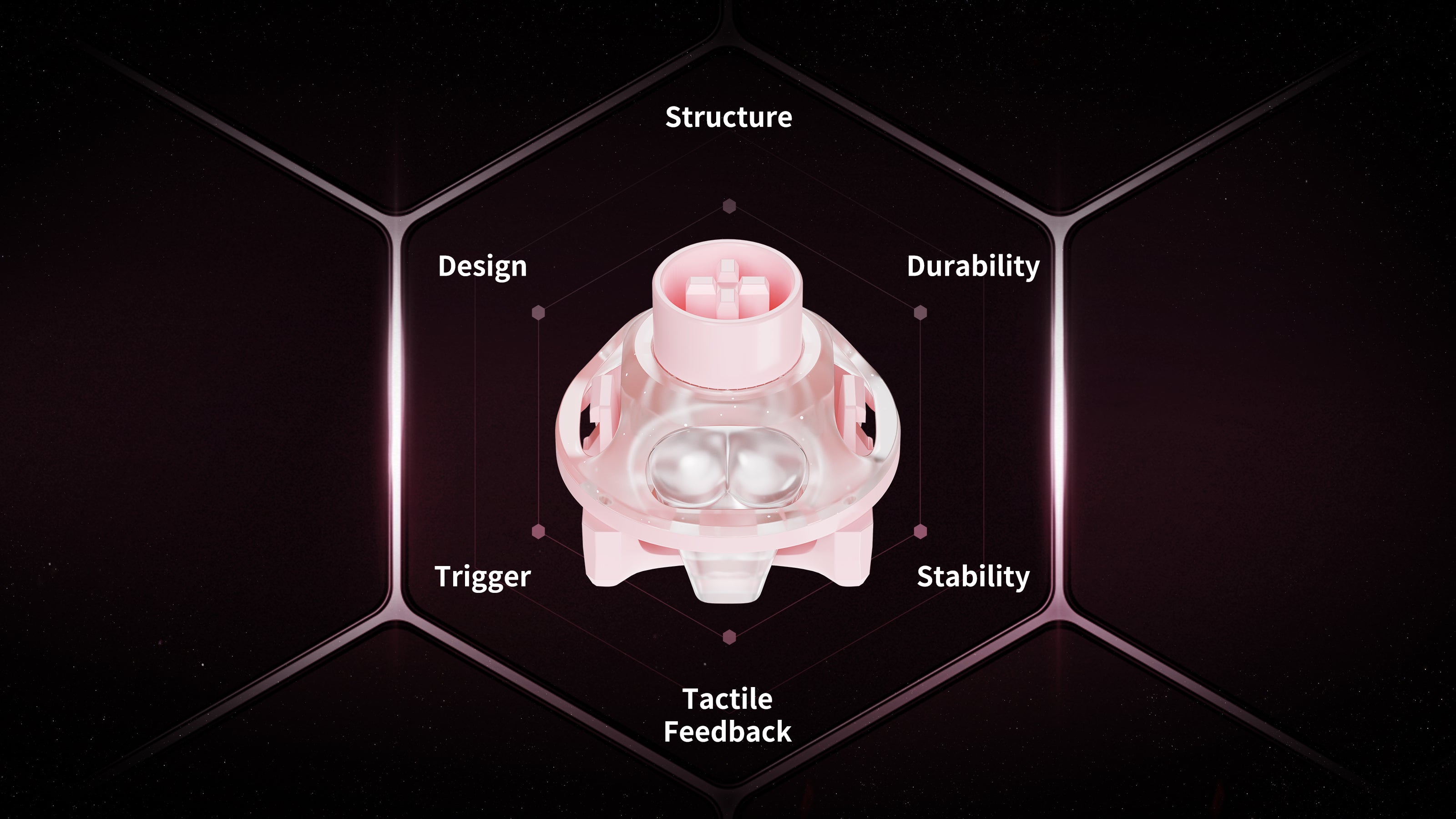 GravaStar UFO Buttiful Magnetic Switch Pink 6-core feature hexagon diagram highlighting design, structure, durability, stability, tactile feedback, and RT 0.005mm rapid trigger performance with peach-inspired curved light guide column and translucent pink skeletal housing.