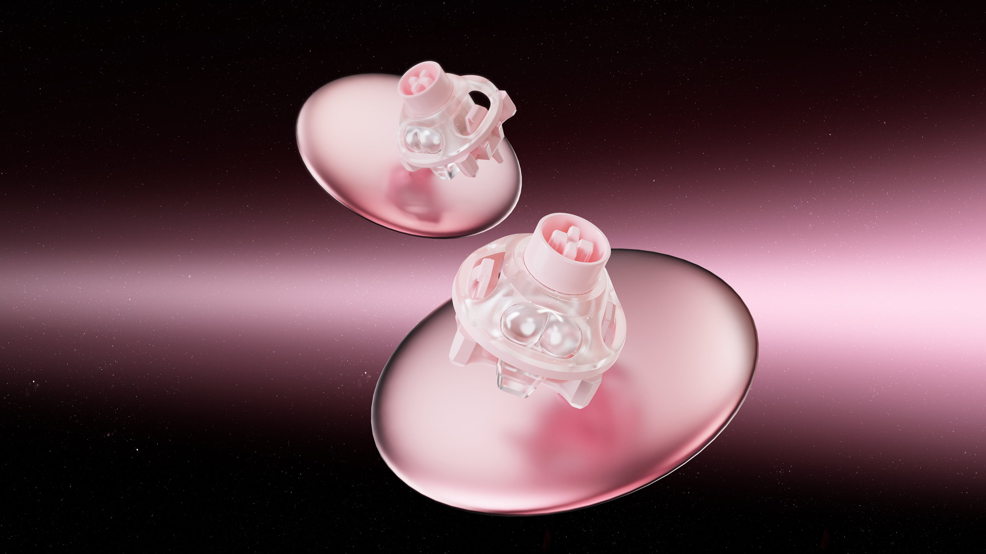 GravaStar UFO Buttiful Magnetic Switch Pink studio dual switch floating close-up view featuring 360-degree circular dual-rail skeletal frame, POM wall-type stem, peach-inspired curved light guide column, PA66 bottom housing, 5-pin PCB mount, and RT 0.005mm precision Rapid Trigger performance.
