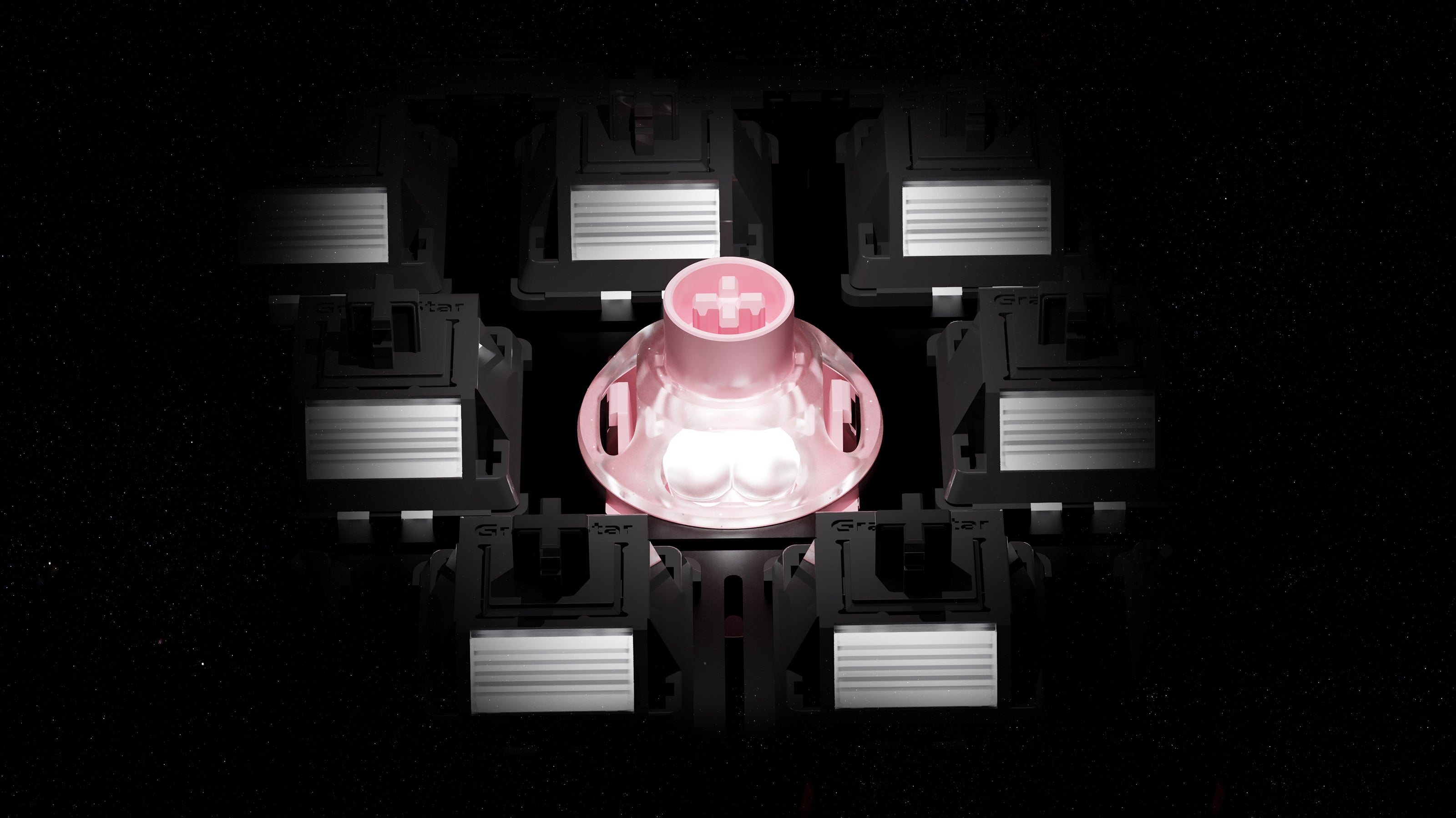 GravaStar UFO Buttiful Magnetic Switch Pink in the box packaging breakdown showcasing 65pcs pink tactical metal jar pack, 10pcs windowed box pack, user manual, and dedicated switch puller.