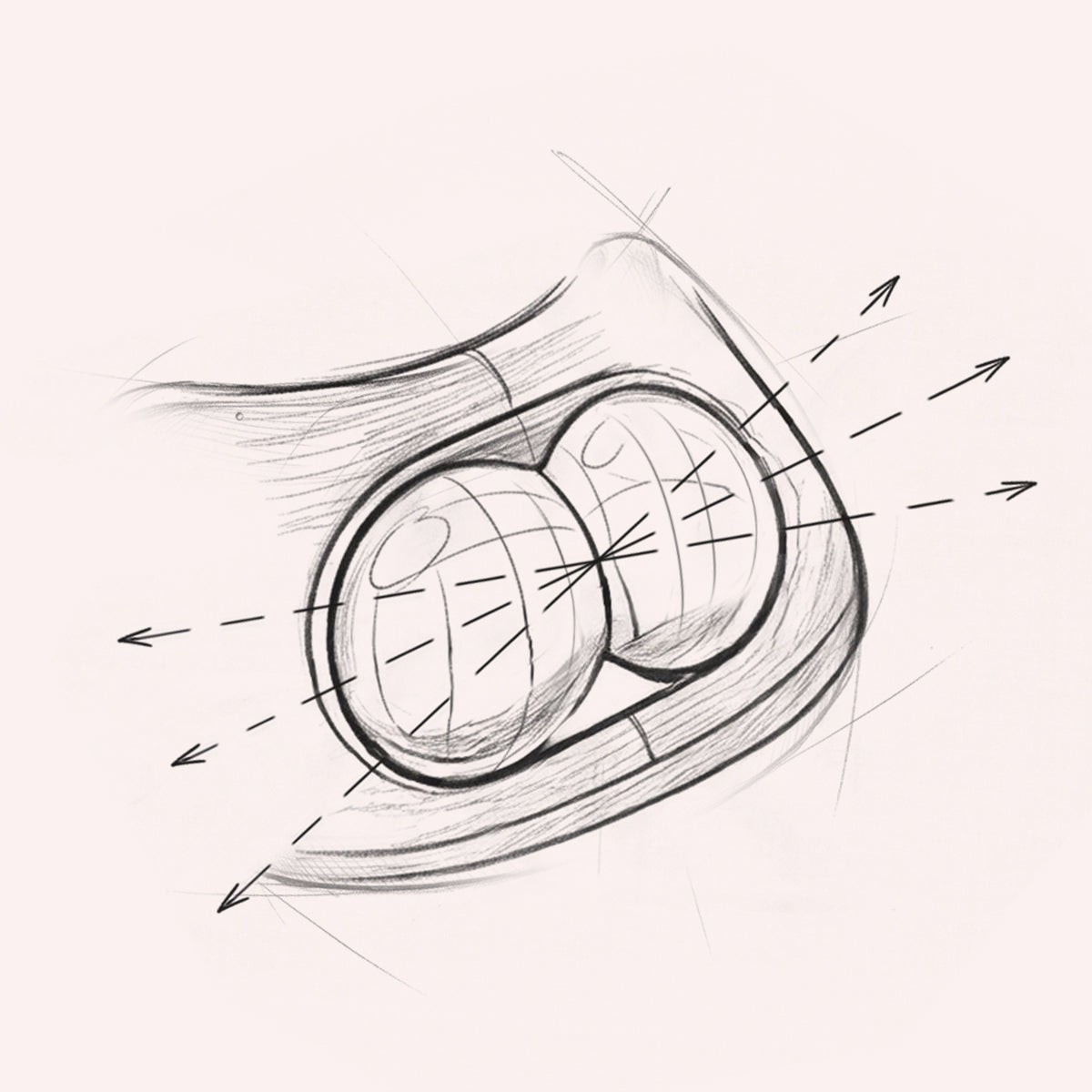 GravaStar UFO Buttiful Magnetic Switch Pink optical structure diagram sketch illustrating peach-inspired curved light guide column refraction paths, dark spot elimination, and soft gradient RGB lighting diffusion.