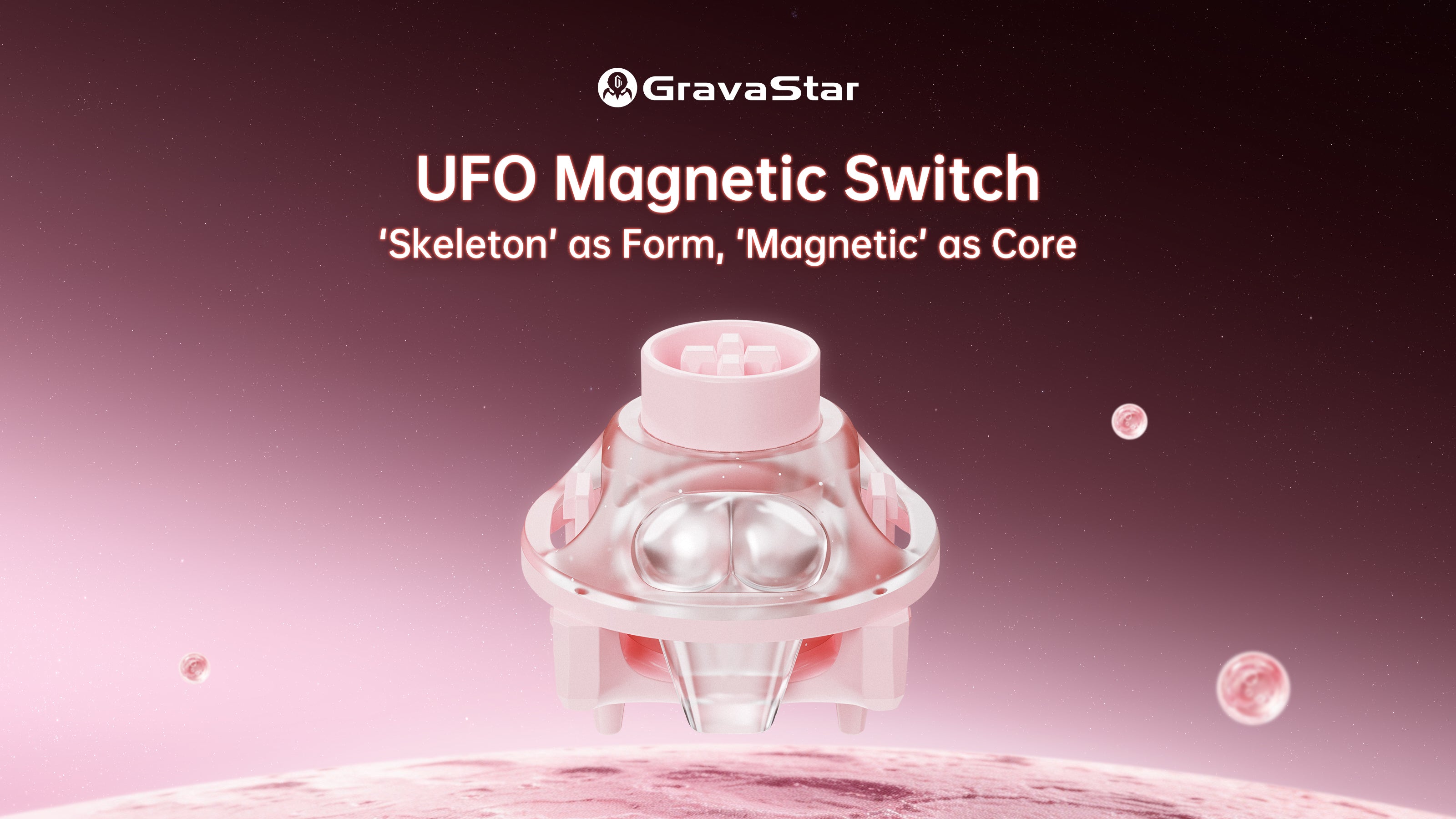 GravaStar UFO Buttiful Magnetic Switch Pink sci-fi lunar concept full width banner featuring Hall Effect contactless magnetic sensing, peach-inspired curved light guide column, 360-degree translucent pink skeletal mecha housing, N52H magnets, and RT 0.005mm precision Rapid Trigger performance.