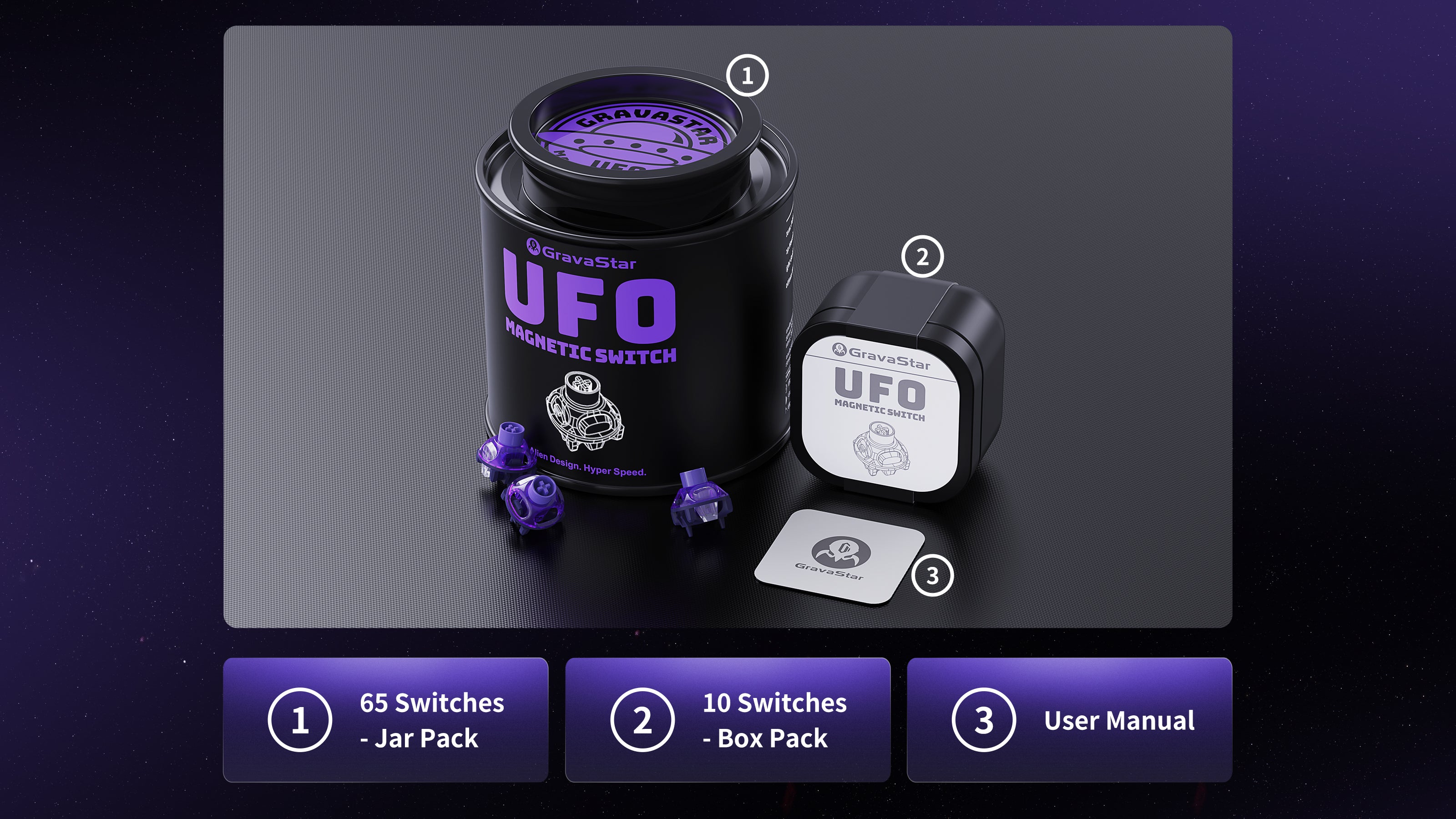 GravaStar UFO Magnetic Switch Purple in the box packaging breakdown showcasing 65pcs black tactical metal jar pack, 10pcs windowed box pack, user manual, and dedicated switch puller.