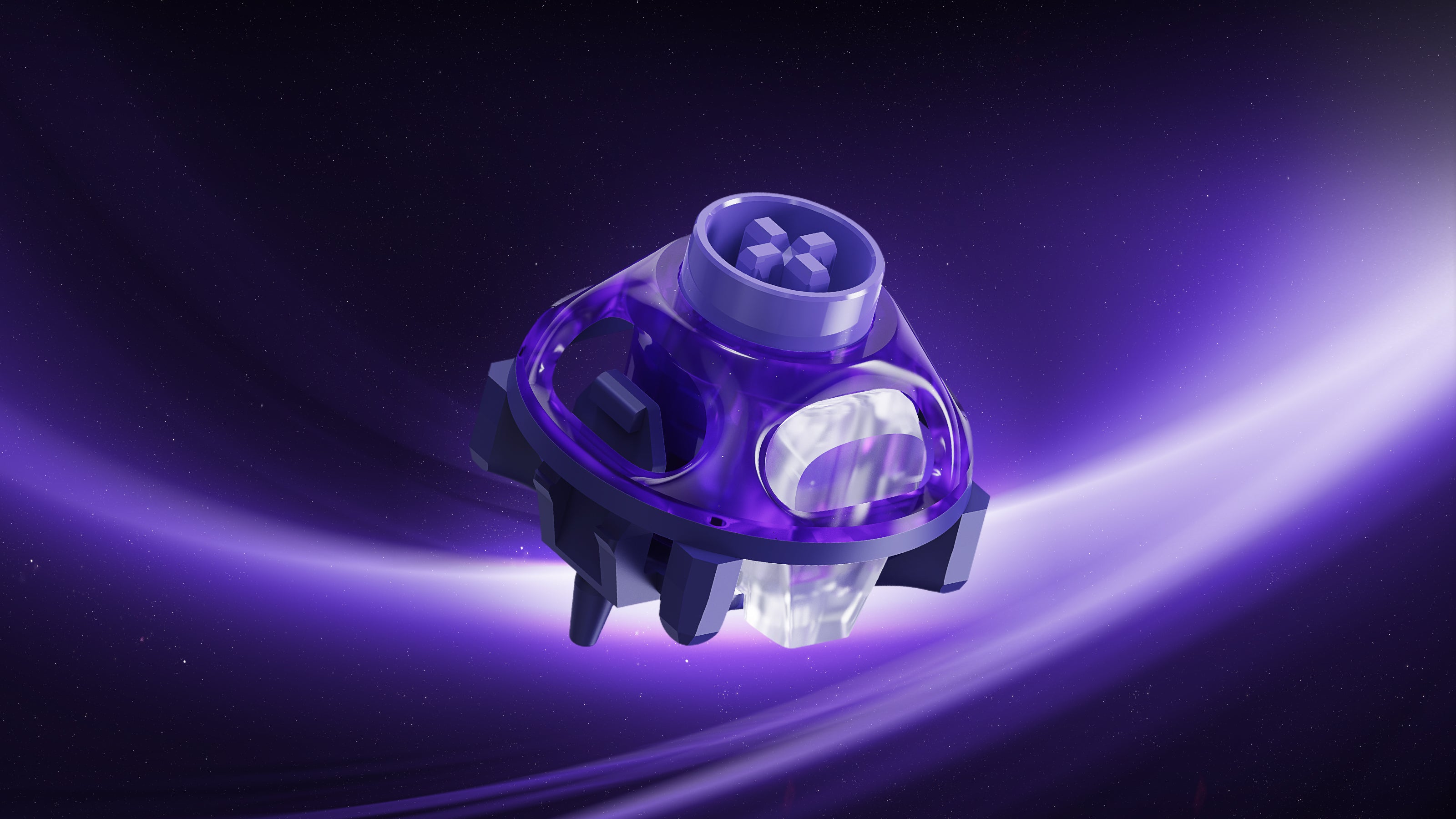 GravaStar UFO Magnetic Switch Purple studio single switch floating close-up view featuring 360-degree circular dual-rail skeletal frame, POM wall-type stem, independent PC light guide column, PA66 bottom housing, 5-pin PCB mount, and RT 0.005mm precision Rapid Trigger performance.