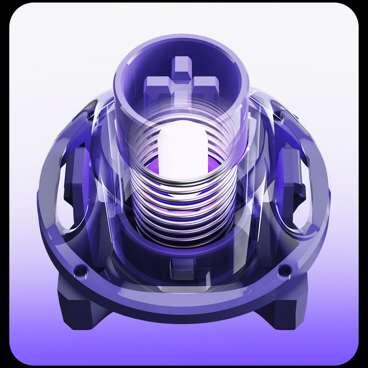 GravaStar UFO Magnetic Switch Purple studio top-down perspective view featuring visible 23mm extended spring, N52H neodymium magnet, circular wall stem, 360-degree skeletal mecha frame, and RT 0.005mm Rapid Trigger performance, perfect paired with Mercury V75 Pro Cyberpunk magnetic keyboard and Mercury X Pro 8KHz gaming mouse.